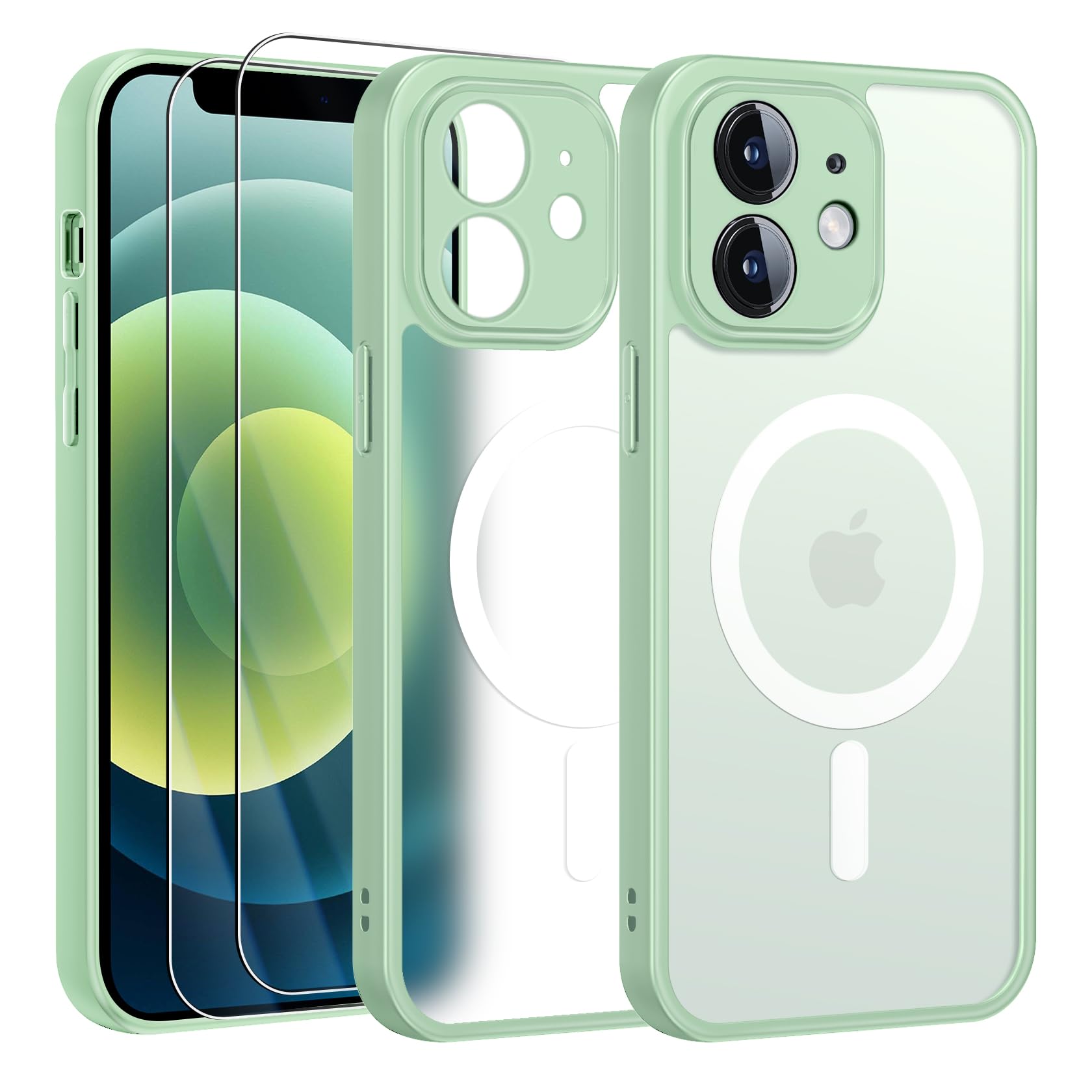 FLLAO Cover Magnetica per iPhone 12 Custodia e 2 Pellicole in Vetro Temperato, Cover iPhone 12 Compatibile con Magsafe, Custodia Traslucida Opaca Posteriore Sottile Antiurto Protettiva Case, Verde