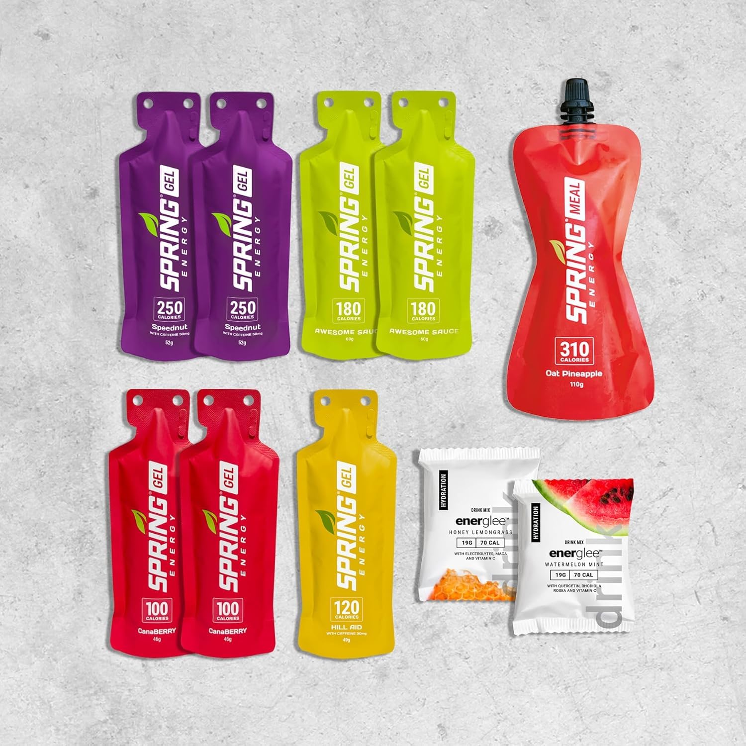 Spring Energy Real Food Gels and Energlee Drinks (10 Spring & Energlee)- A Race Pack For Up To 3 hours Marathon, Halfmarathon, Triathlon, Cycling