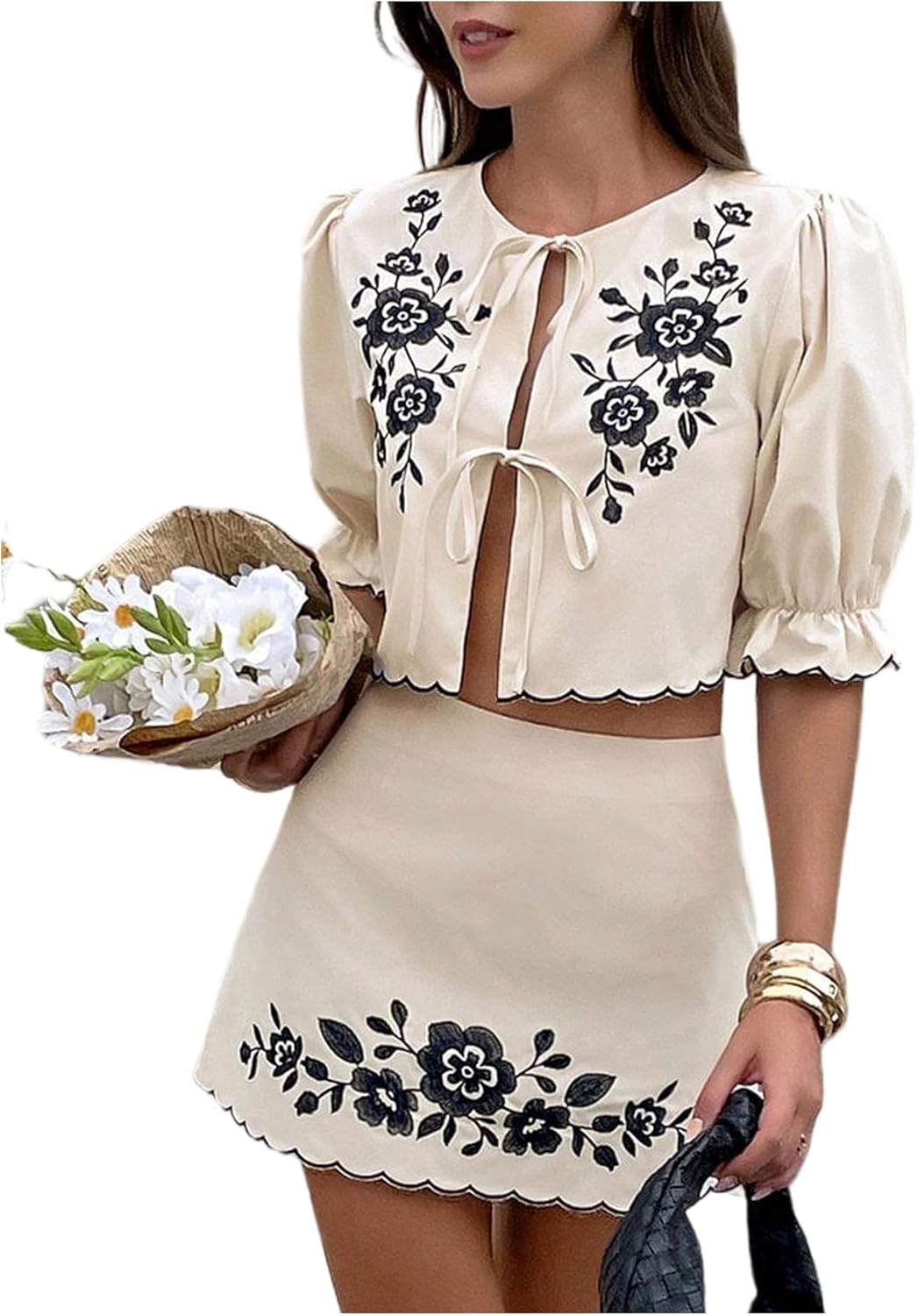 SOLY HUX Women's Summer 2 Piece Outfits Floral Bow Tie Front Puff Sleeve Blouse and Mini Skirt Set