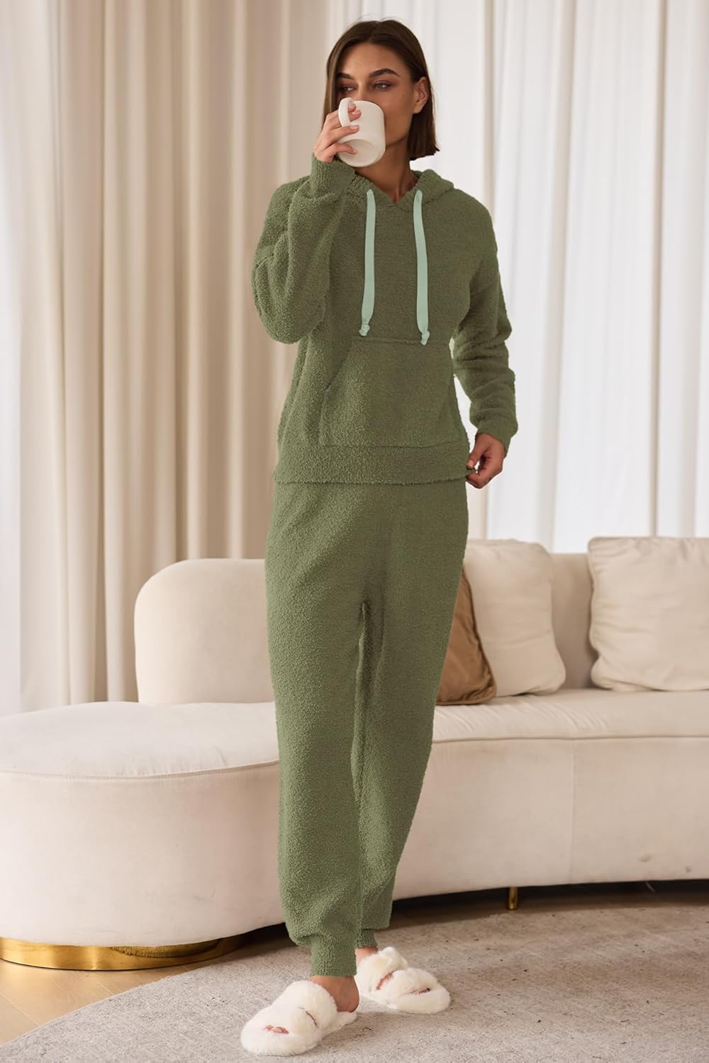 Panadila Womens Fuzzy Lounge Set 2 Piece Outifts Oversized Fleece Pajama Set Long Sleeve Hoodie and Joggers with Pockets - Image 4