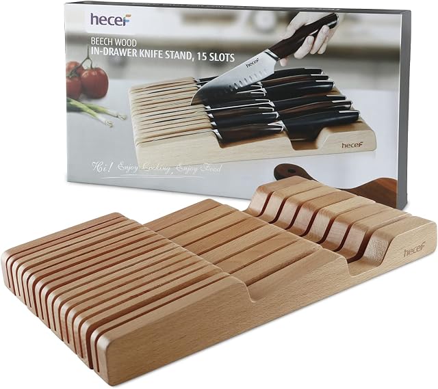 hecef in-Drawer Knife Organizer Storage, Beech Wood Knife Holder Fit for 15 Kitchen Knives, Knife Block Without Knives for Home Cooking Chef, 15 Slots