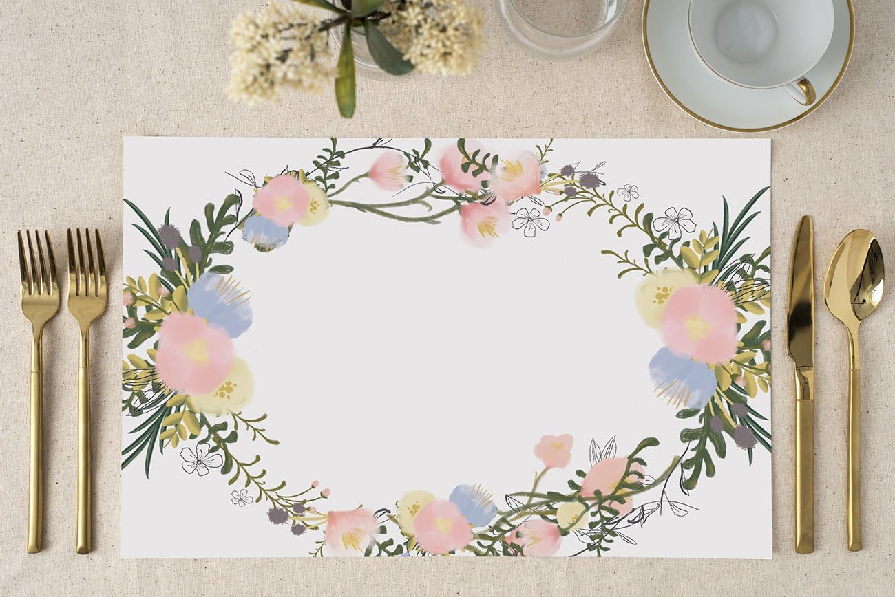 DB Party Studio 25 Pack Paper Place Mats for Baby Bridal Shower Graduation Birthday Parties Delicate Greenery & Floral Blooms Placemats Easy Cleanup Disposable Guest Table Settings Decor 17" x 11"
