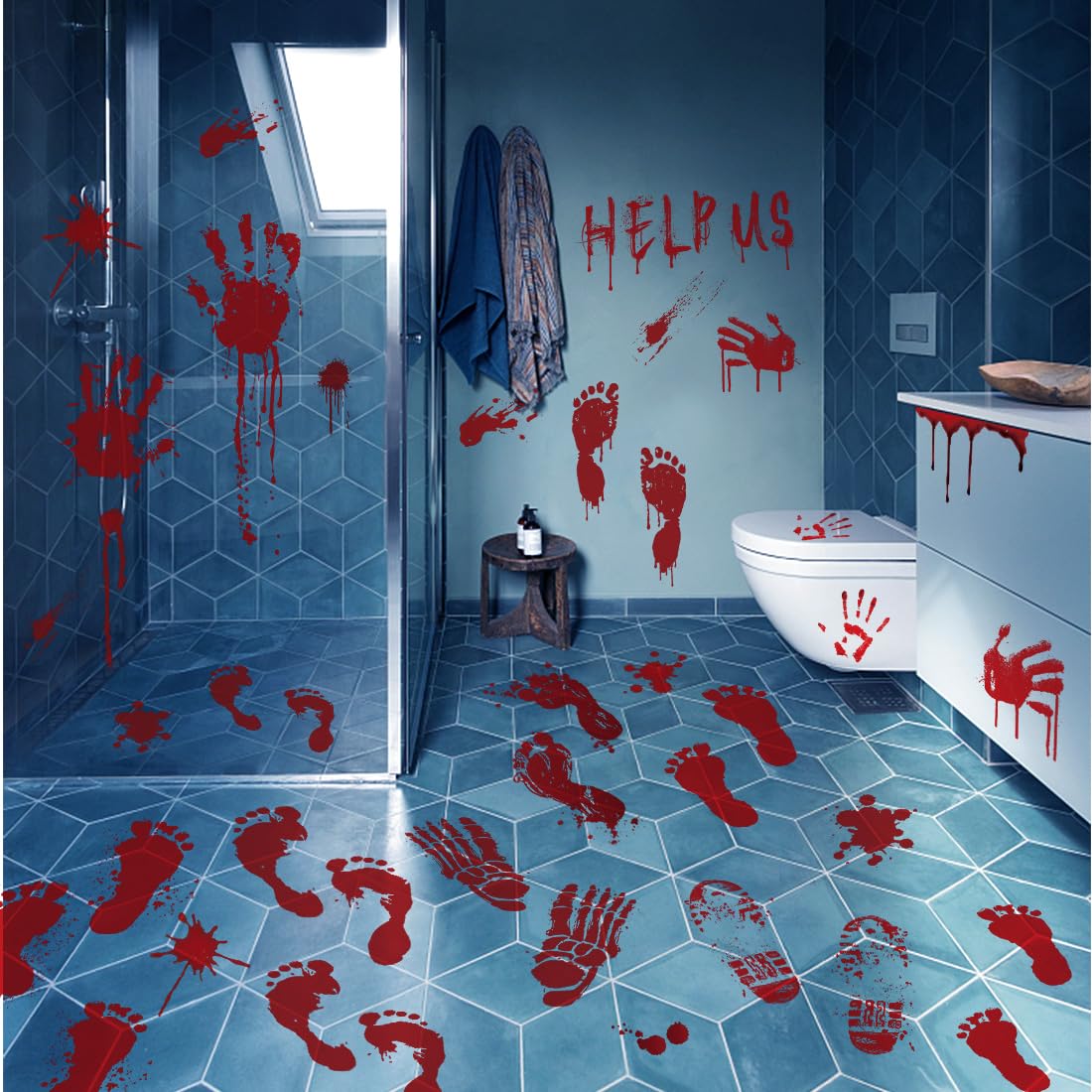 Autocollants Fenêtre Halloween - Empreintes Sanglantes Et Décors Horreur - Lot De 9