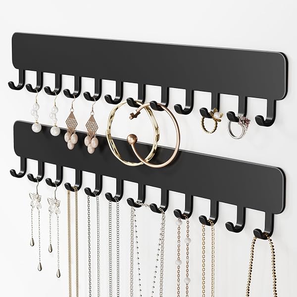 Josmimic Organizzatore di gioielli a parete, adesivo da appendere con ganci per collane, bracciali, orecchini, soluzione di esposizione e conservazione per donne, 2 pezzi, colore nero - 1