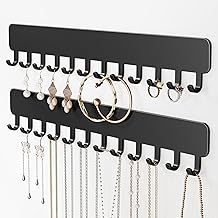 Wall-Mounted Jewelry Organizer, Self-Adhesive Hanging Holder with Hooks for Necklaces, Bracelets, Earrings - Display Storage for Women, 2PCS, Black
