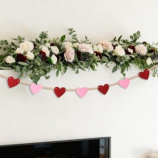 Valentine's Day Heart Garland - Valentines Day Decorations with Felt Hearts & Wood Beads, 7.3ft Red & Pink Heart Banner for Valentine’s Day Decor, Bedroom, Fireplace, Party Photo Backdrop