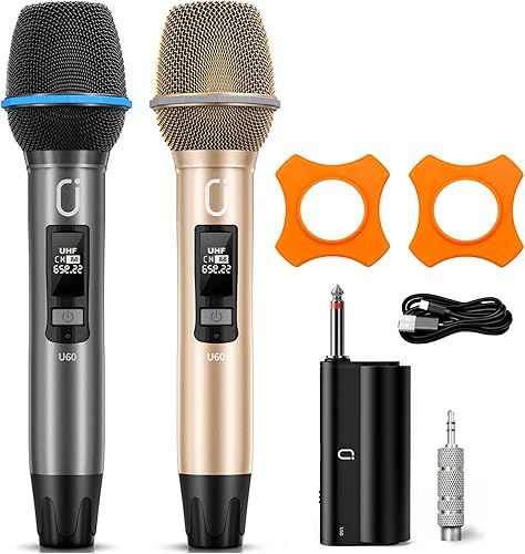 Micrófonos inalámbricos para karaoke micrófono de karaoke profesional dual para cantar, sistema de micrófono UHF dinámico recargable con receptor