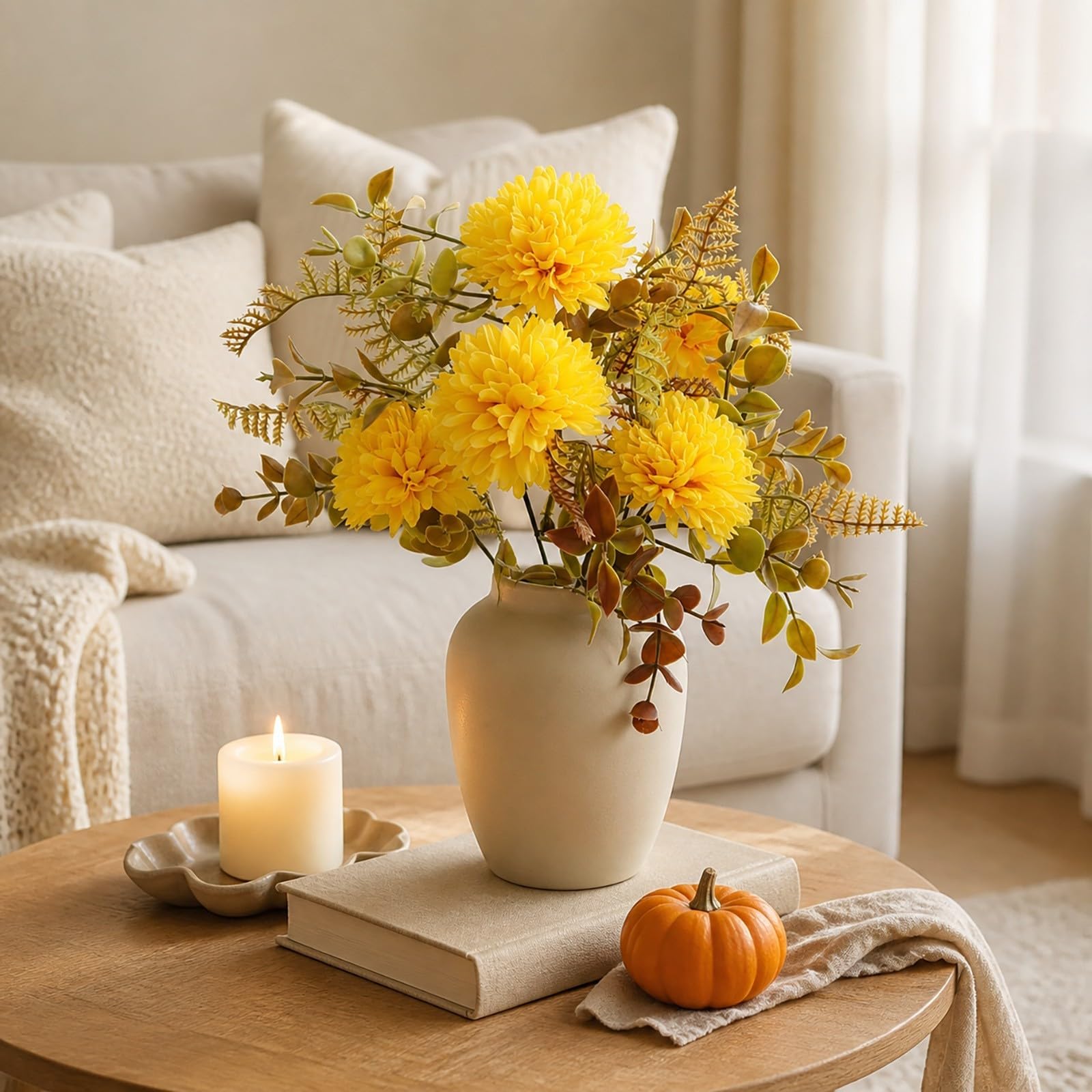 Künstlicher Chrysanthemen Strauß Saison - Seidenblumen für deko mit Eukalyptus für Vase Tischdeko Wohnzimmer 42cm(E)