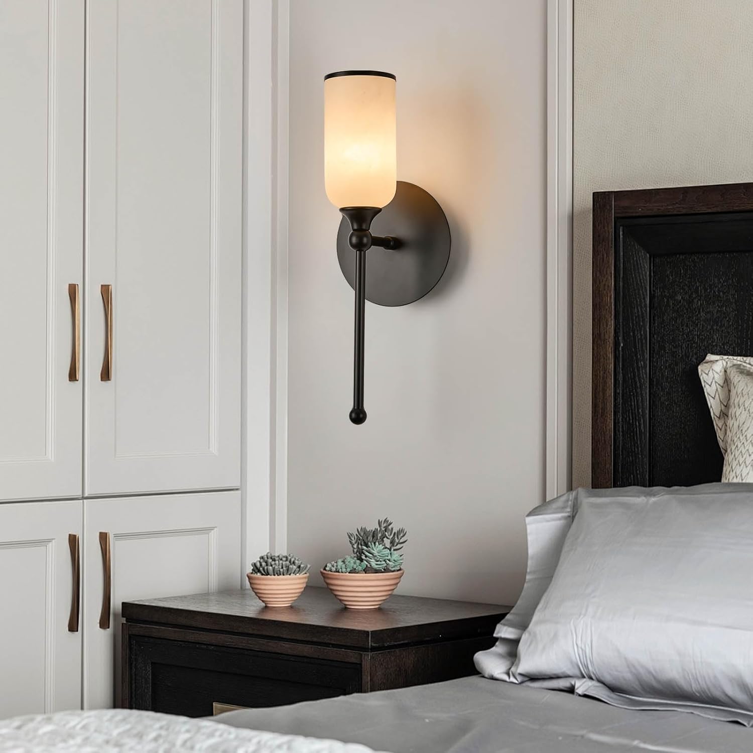 vntage Alabaster Wall Sconce, 15.4inch Natural Marble Lampshade Wall Sconce, Hardwired Sconce LED Modern Wall Lamp for Bedroom, Stairs, Living Room, Bedside, Hallway Black