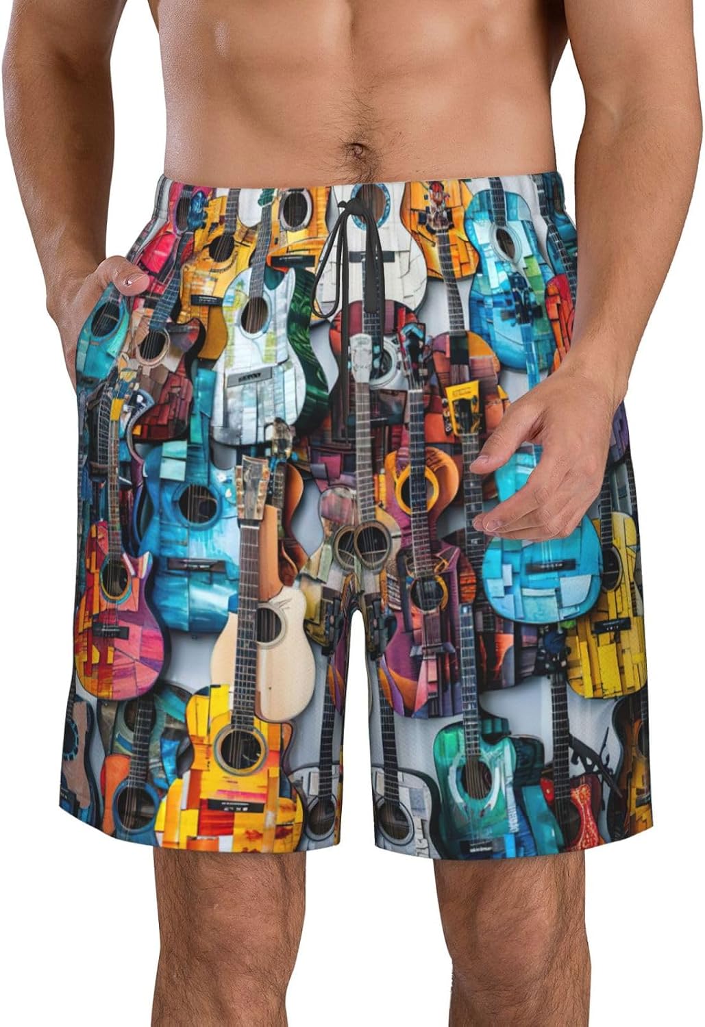 Color Acoustic and Guitars Print Men's Quick-Drying Shorts Casual Beach Pants Stretch Waist Shorts and Pockets