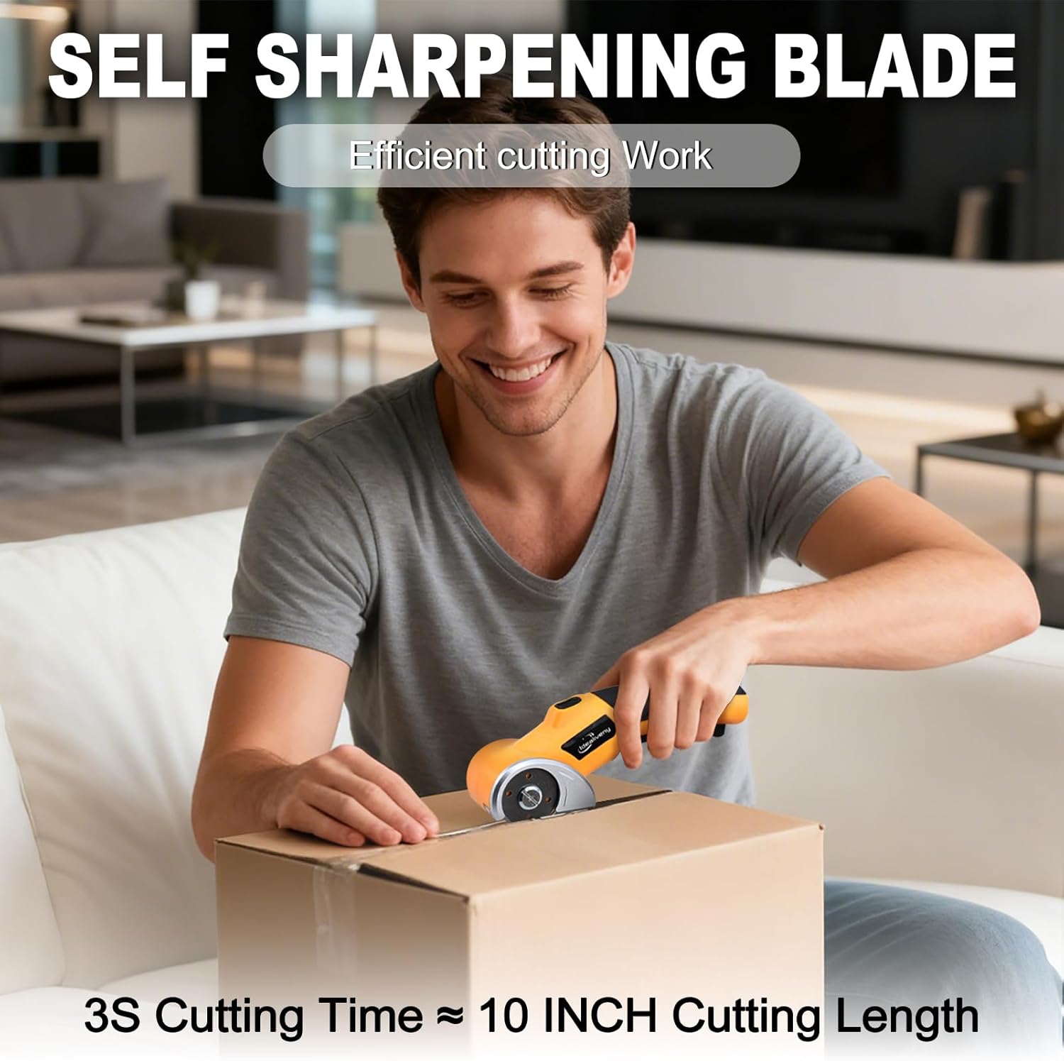 Cordless Electric Power Shears - 4V Lightweight Rotary Cutter for Cardboard, Leather, Plastic, Carpet | with 2 Blades, LED Light, Safety Lock for DIY & Crafting,Yellow