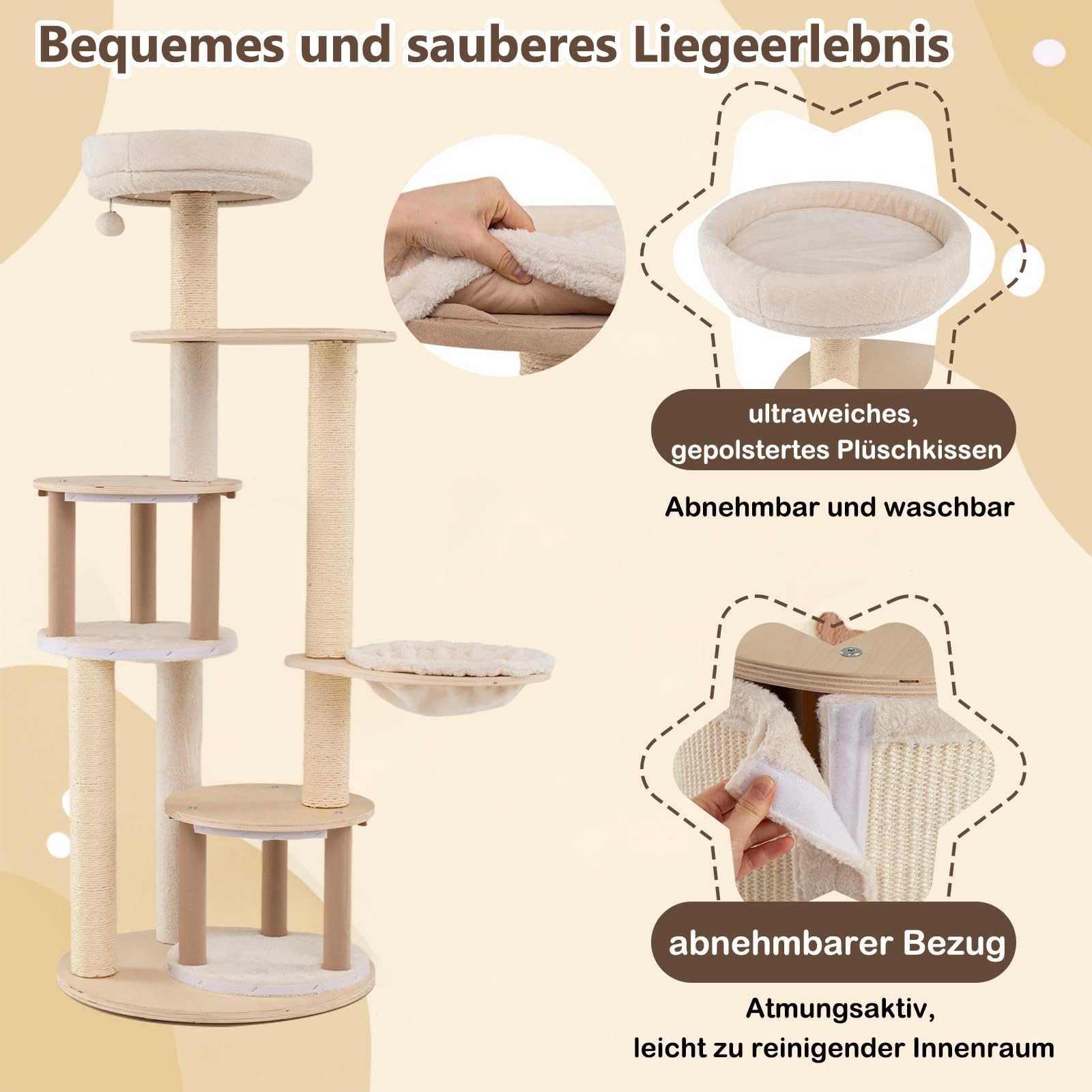 COSTWAY Kratzbaum Groß, Katzenbaum mit 2 Katzenhöhlen, Korb, Sisal-Kratzpfosten, Spielball & Plattform, Katzenkratzbaum Katzen Katzenmöbel, Kletterbaum Aktivitätsbaum, Holz, Natur, 152 cm hoch