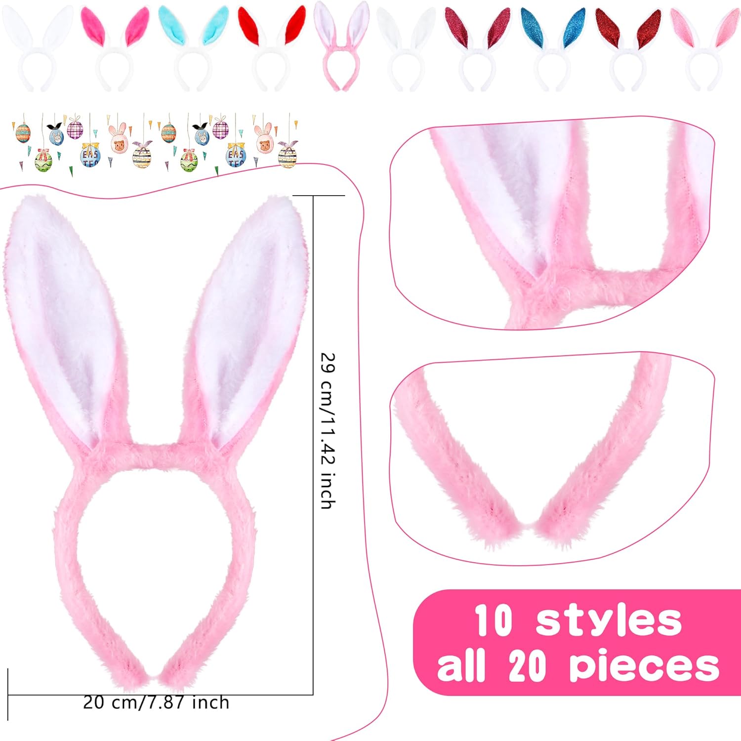 20 Pack Easter Bunny Ears Headband Colorful Plush Rabbit Ears Hair Hoop Easter Headband for Easter Cosplay Birthday Party Favors, 2 Styles