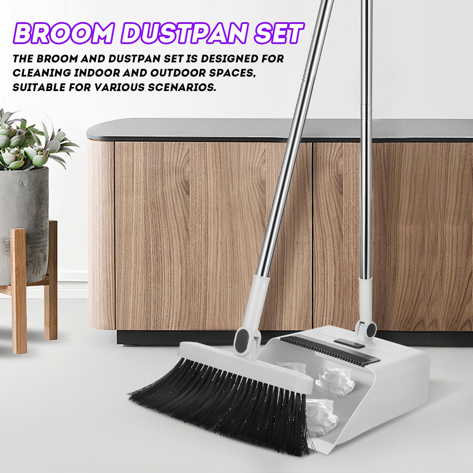 Juego De Escoba y Recogedor 3 1 Blanco, con Mango Largo y Ergonómico, Escoba Densa De Cerdas Suaves, Recogedor Plegable con Dientes Retráctiles, Adecuado para Interiores y Exteriores