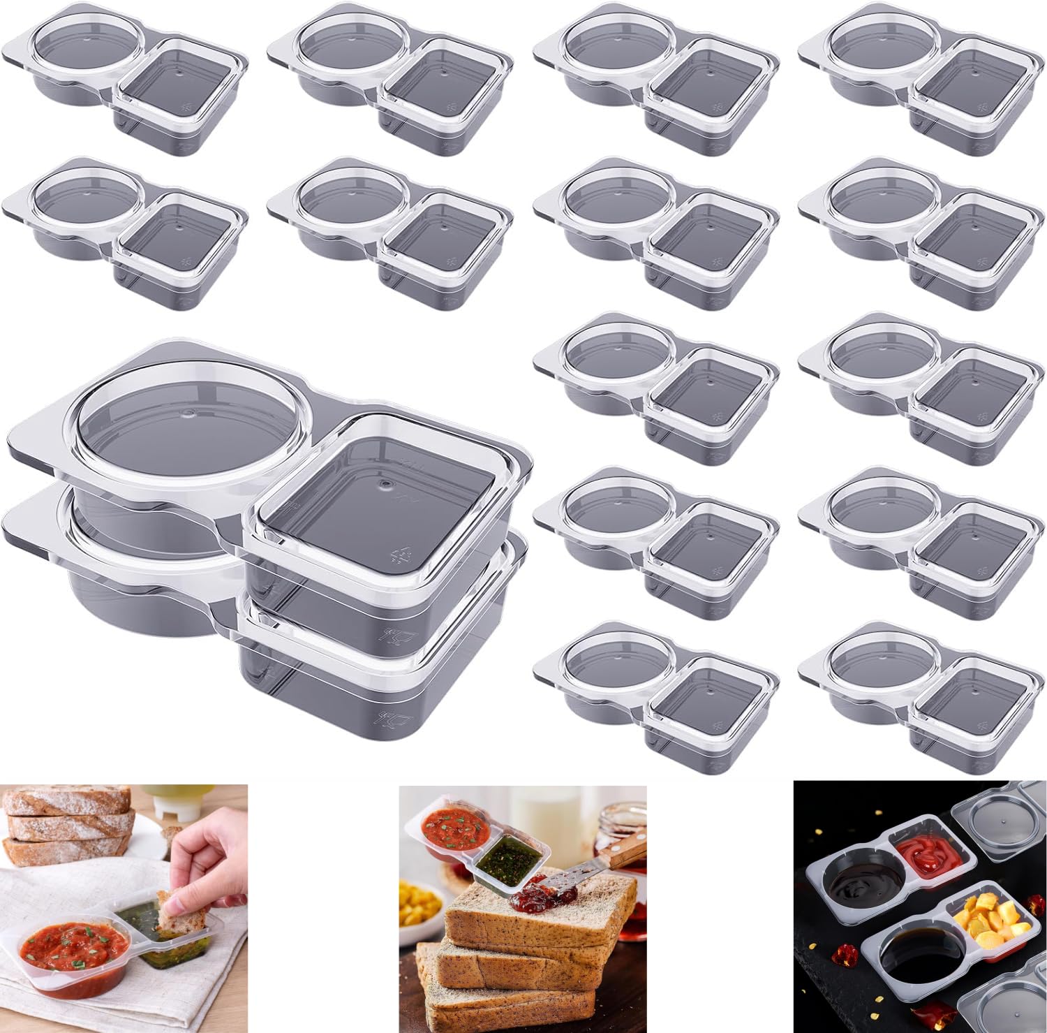 HhBdy Salatdressing Behälter-16 Stück Gewürzbehälter mit 2 Fächern Snacks Auslaufsichere Gewürzbehälter für Mittagessen Picknicks und Reisen