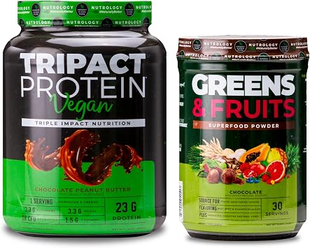 Nutrology Greens & Fruits Powder-Naturally Sourced Superfood, Chocolate 30 Servings TRIPACT Vegan Protein Powder, for Vegan Protein Shakes, Chocolate Peanut Butter 20 Servings