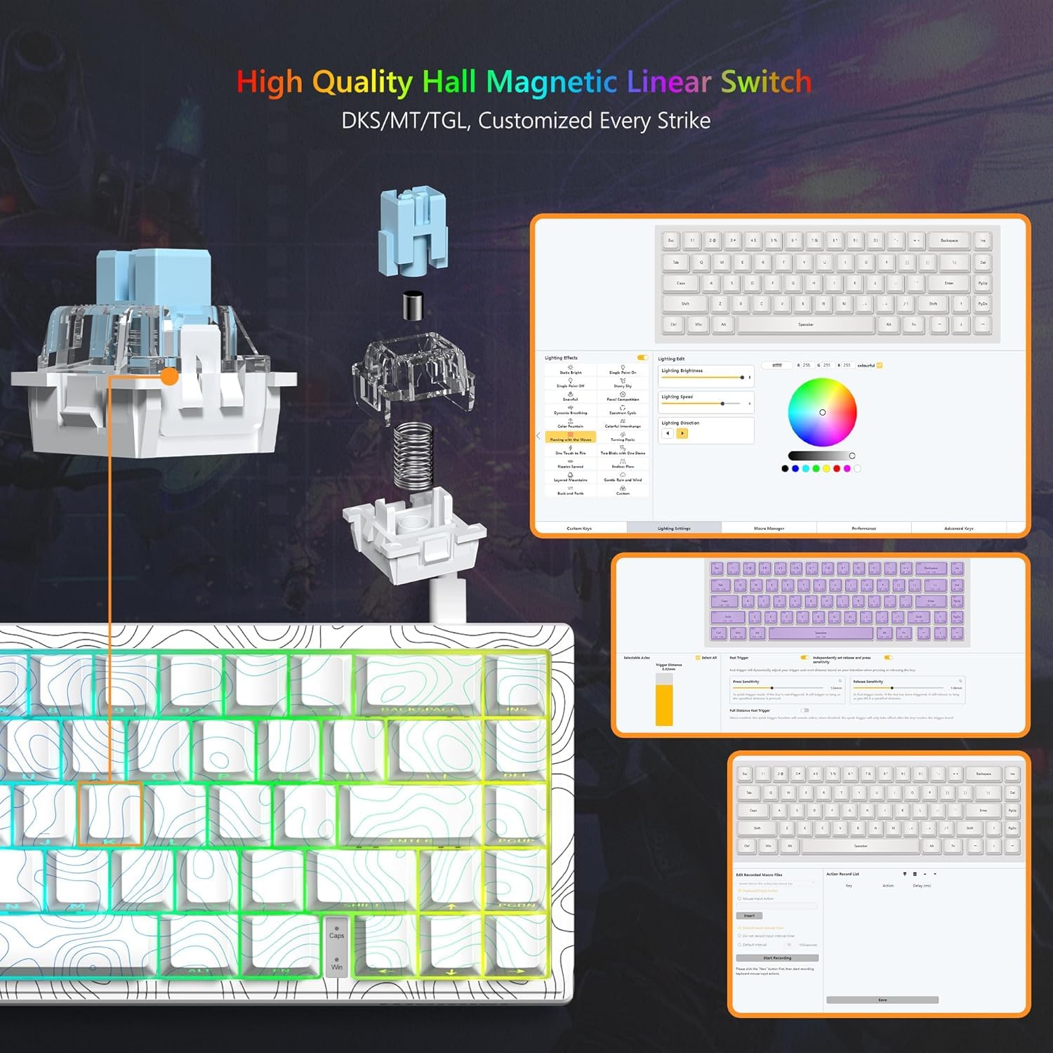Tastiera M68 HE V2 60% Rapid Trigger, effetto hall, tastiera topografica da gioco, tastiera cablata RGB personalizzata con interruttore magnetico, tappi per tasti PBT per Mac/Win (bianco)