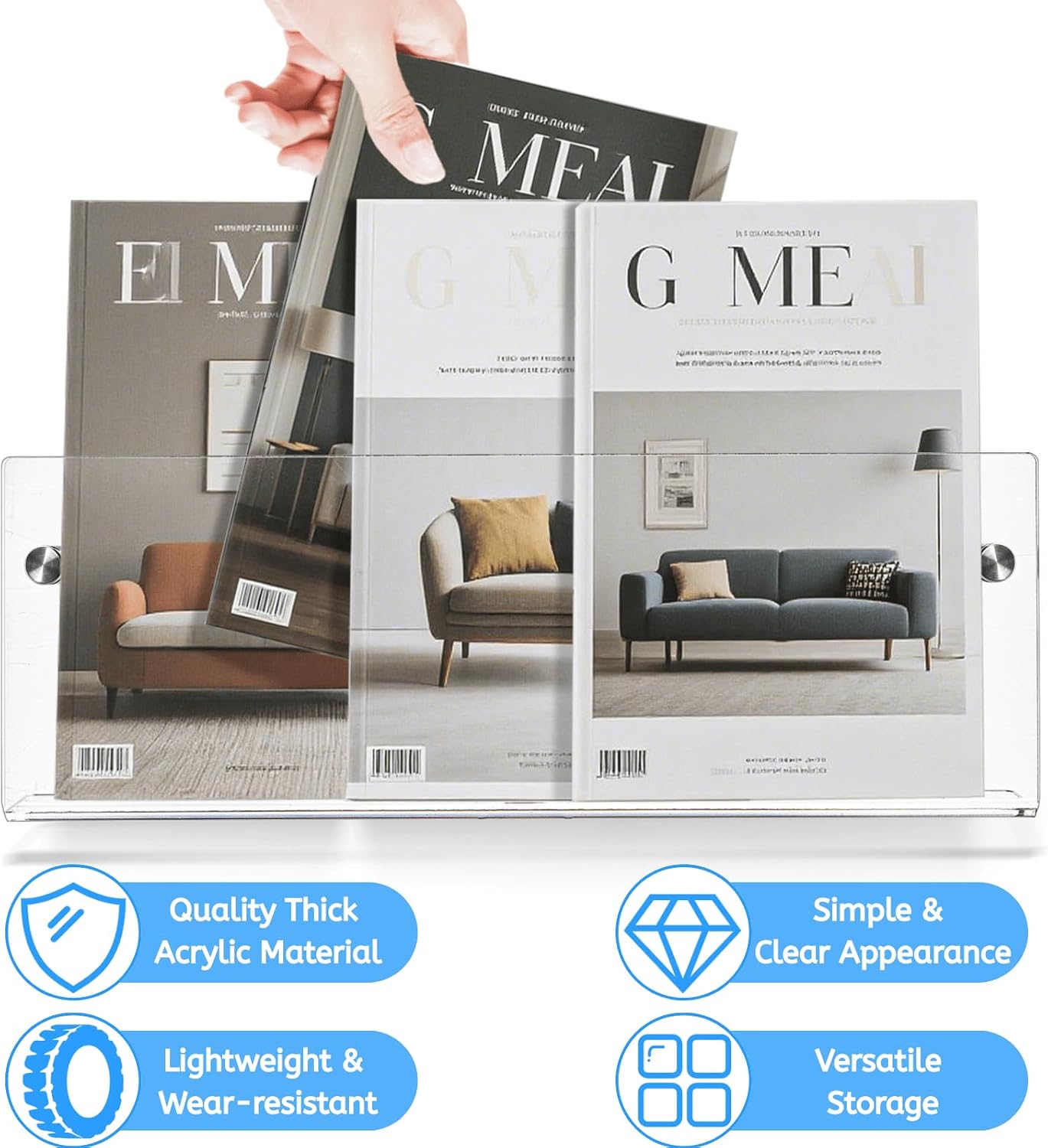 Youeon 2 Pcs Clear Acrylic Magazine Holder Wall Mount, 17 Inch Hanging Magazine Rack with Hardware, Floating Bookshelf Brochure Display Organizer for Home, Office, Reception Area