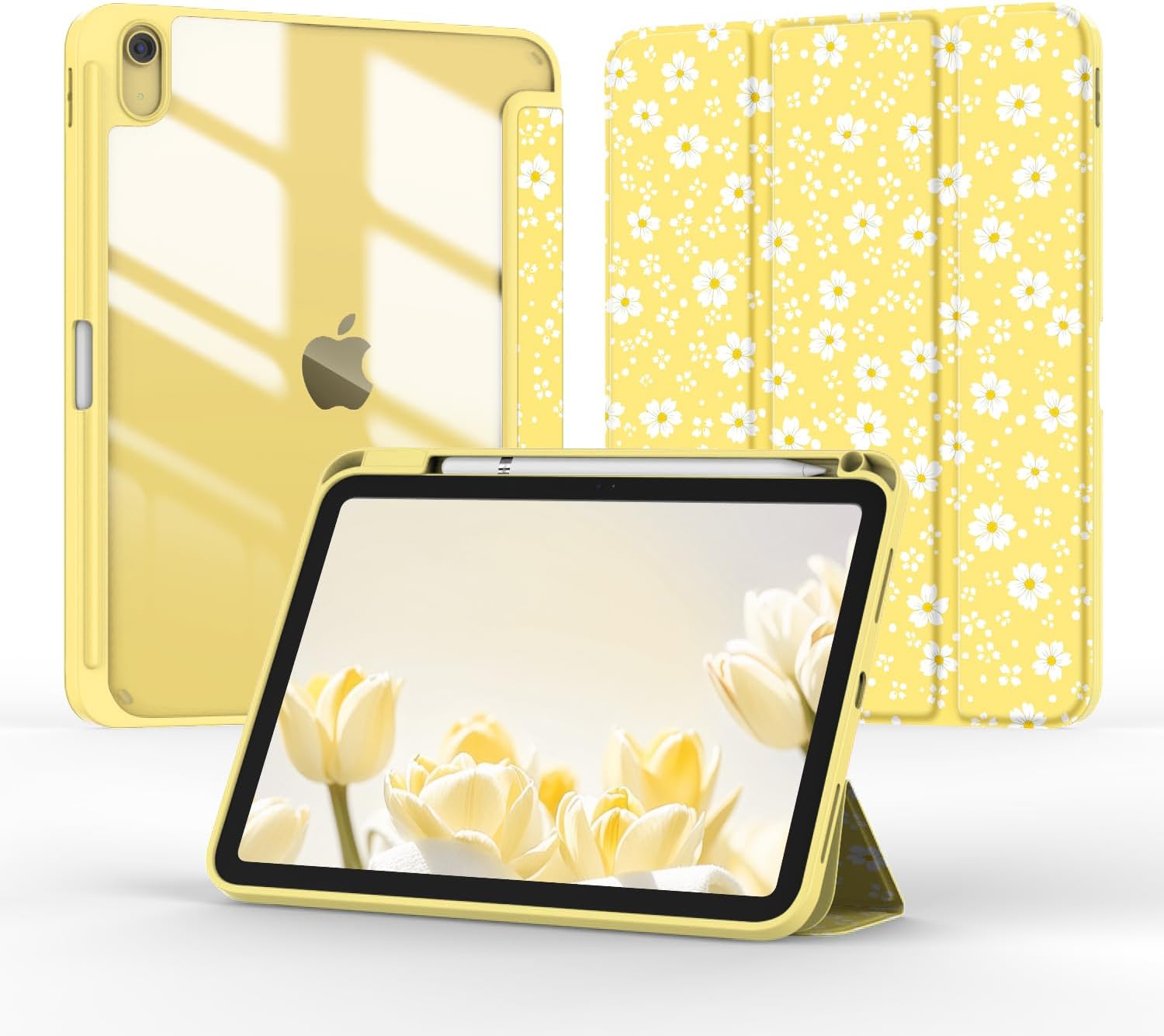 Case for iPad 11-inch (A16) 2025 / iPad 10th Generation 2022(10.9 inch), Tri-Fold Smart Folio Auto Wake/Sleep with Clear Back/Pencil Holder for iPad 11th/10 Gen (Flower Yellow)