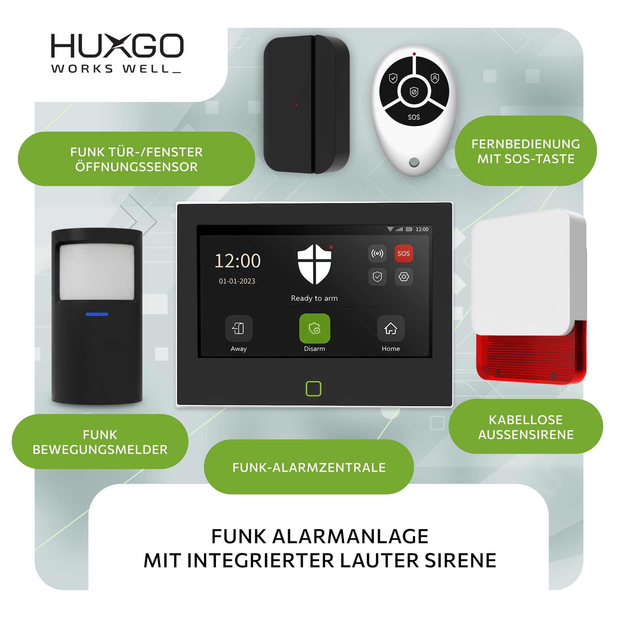Alarmanlage Funk Set mit Sirene WLAN + GSM 4G | Alarm Kit Black Series HXA700 mit Alarmsirene | 5X PIR-Sensoren + 5X Tür- & Fenstersensoren in Schwarz | ideal für Haus & Wohnmobi
