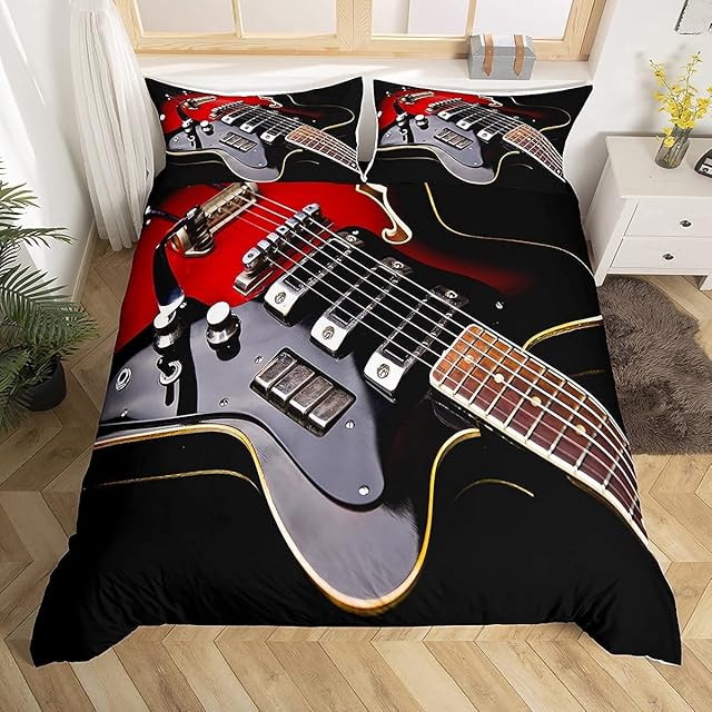 Guitar Duvet Cover, Music Theme Comforter Cover Set for Boys Teens Rock Musical Instrument Pattern Red Black Bedding Set, Soft Microfiber Bedspread with Zipper Ties, Double Size, No Comforter