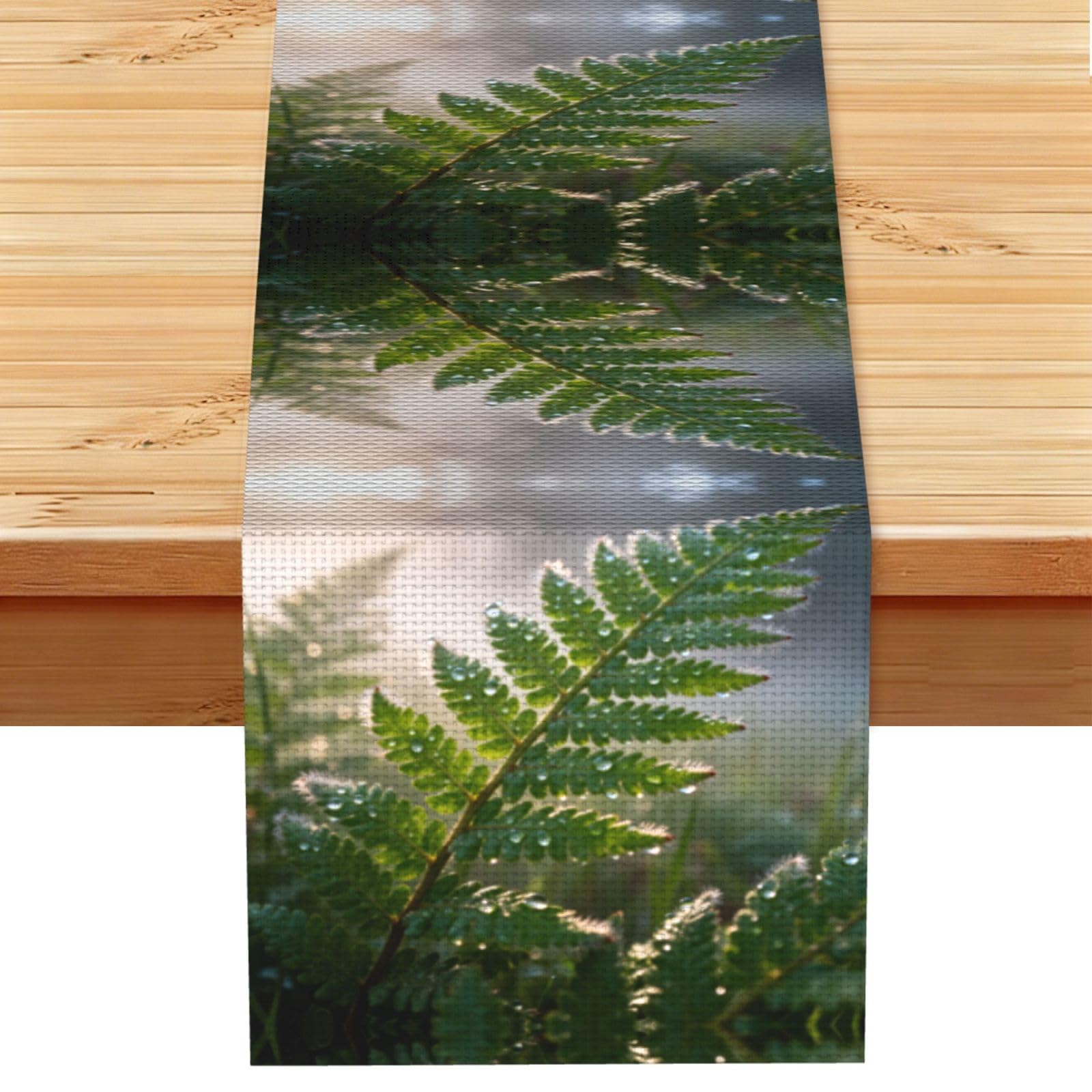 Fern Leaf Dew Linen Look Table Runner 13x72-Wrinkle Resistant Farmhouse Style for Dining Table Decor