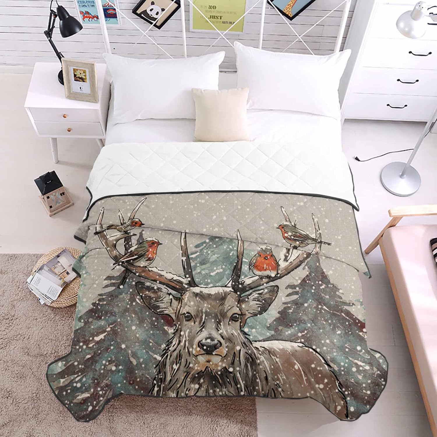 T&H XHome Quilt California King Luxury Quilted Comforter Bedspread-Thin Soft Cozy, Christmas Vintage Deer Birds Pine Tree Snowscape Grey Reversible Stitched Lightweight Quilt Coverlet for All Season