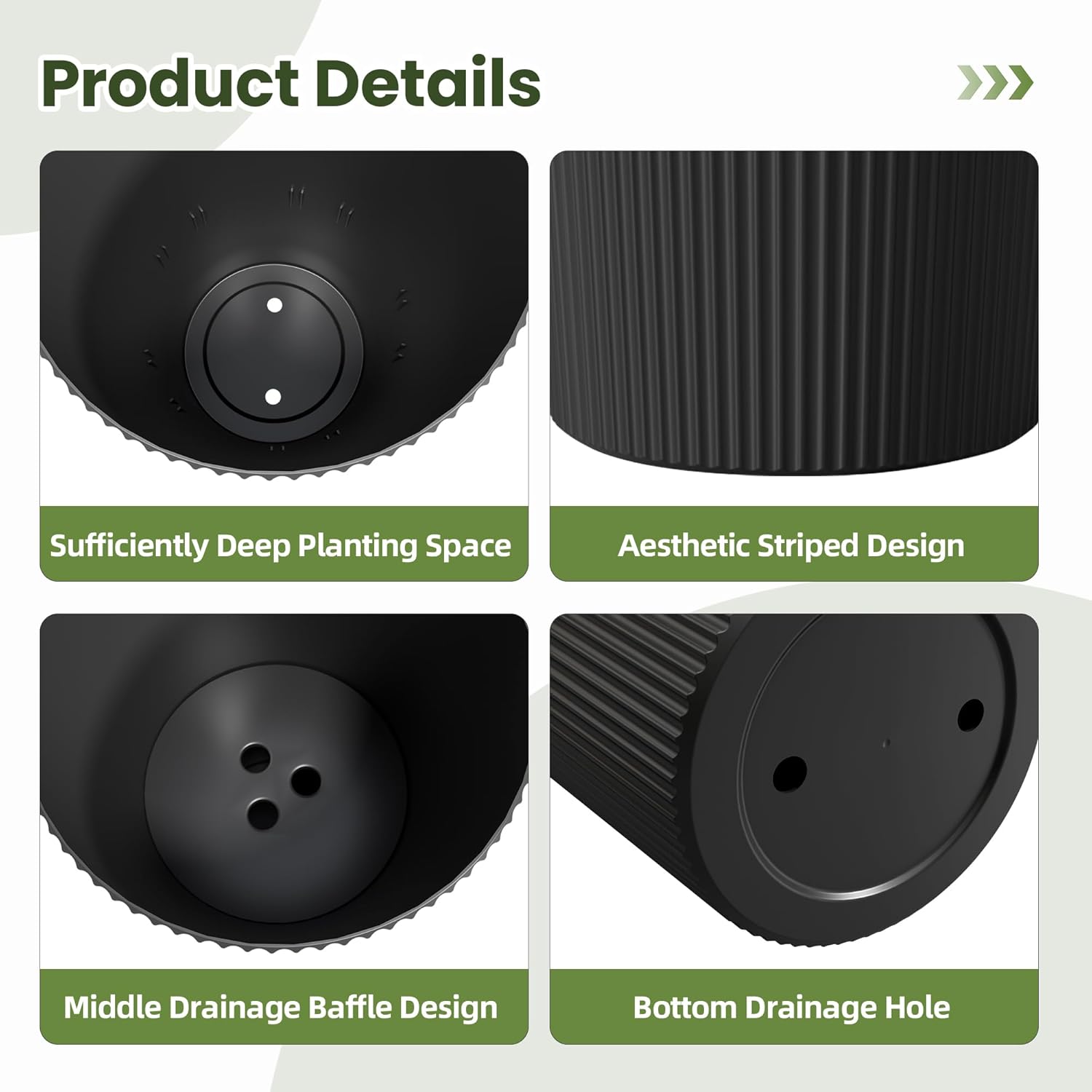23.6" H Tall Planters for Outdoor Plants Set of 2 - Fluted Large Outdoor Planters for Front Porch Decor with Drainage Hole, Plastic Round Conical Flower Pots Fits Indoor Plants Patio, Black