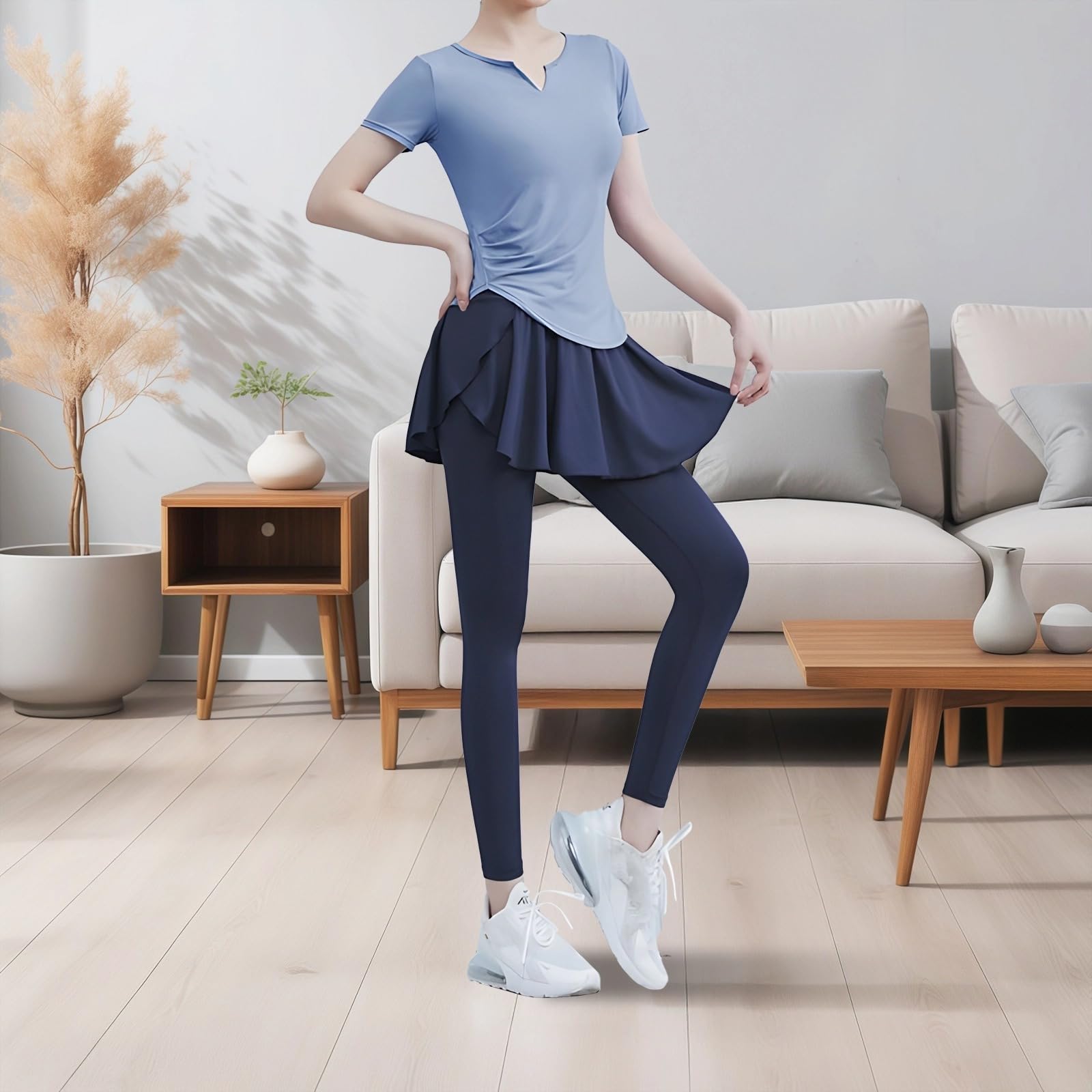 Conjunto de ropa deportiva de 2 piezas para mujer, camiseta de manga corta con cuello en V y leggings de cintura alta, tela transpirable de poliéster y elastano para yoga, pilates y fitness, talla XXL