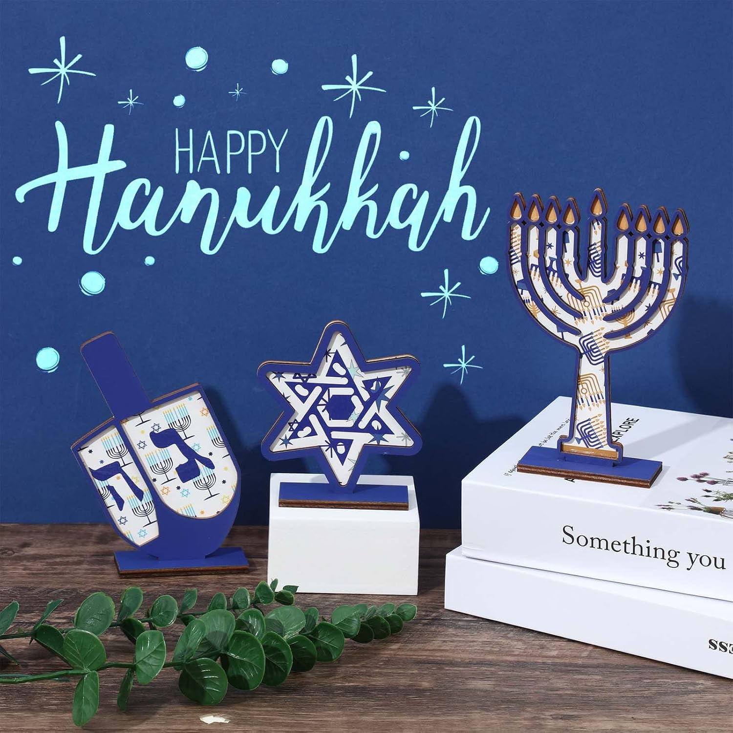 Menkxi 3 Pcs Hanukkah Wood Signs Menorah Dreidel Star Freestanding