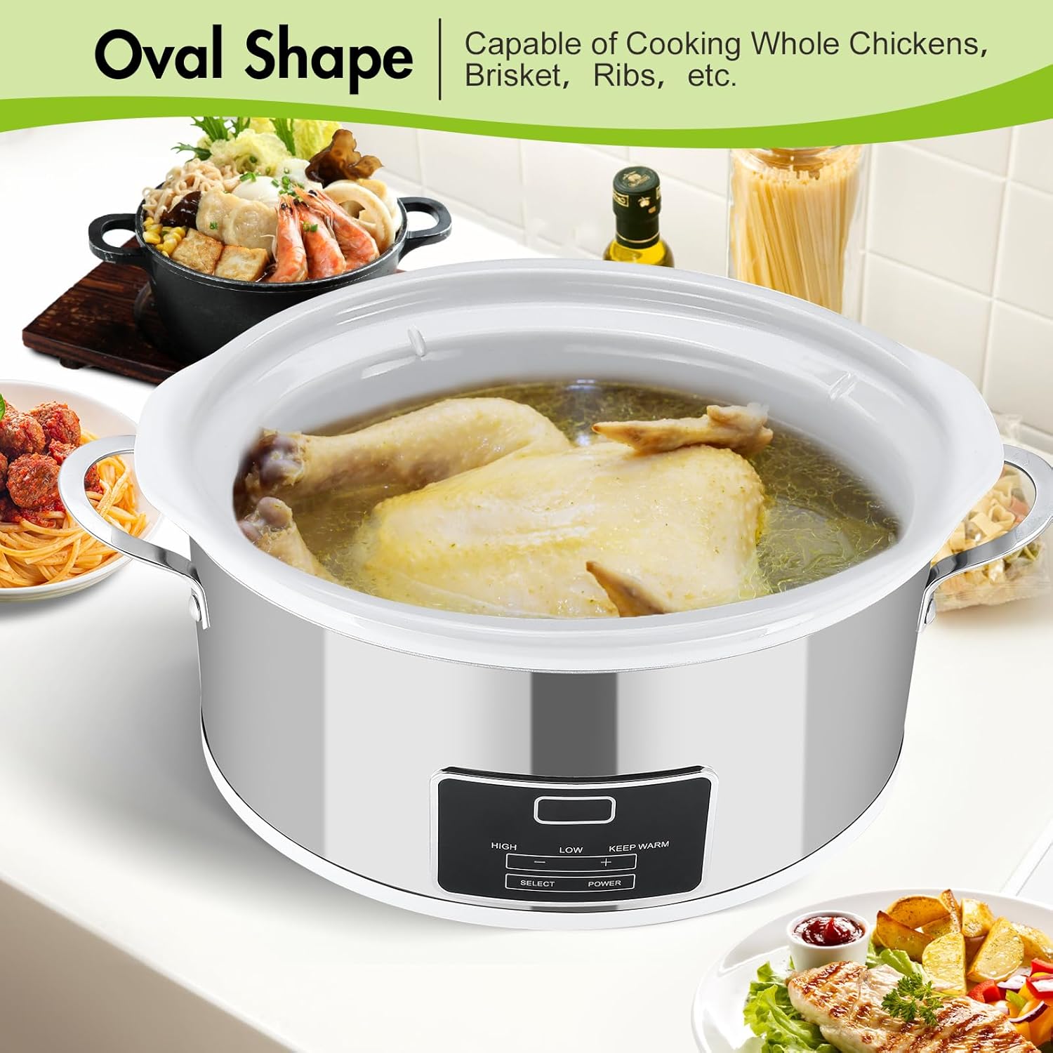 6 QT Slow Cooker, 240W Stainless Steel Electric Crock Cooker with Digital 20H Timer & 3-Level Heat Settings, Oval White Ceramic Inner Pot for Family Dinners