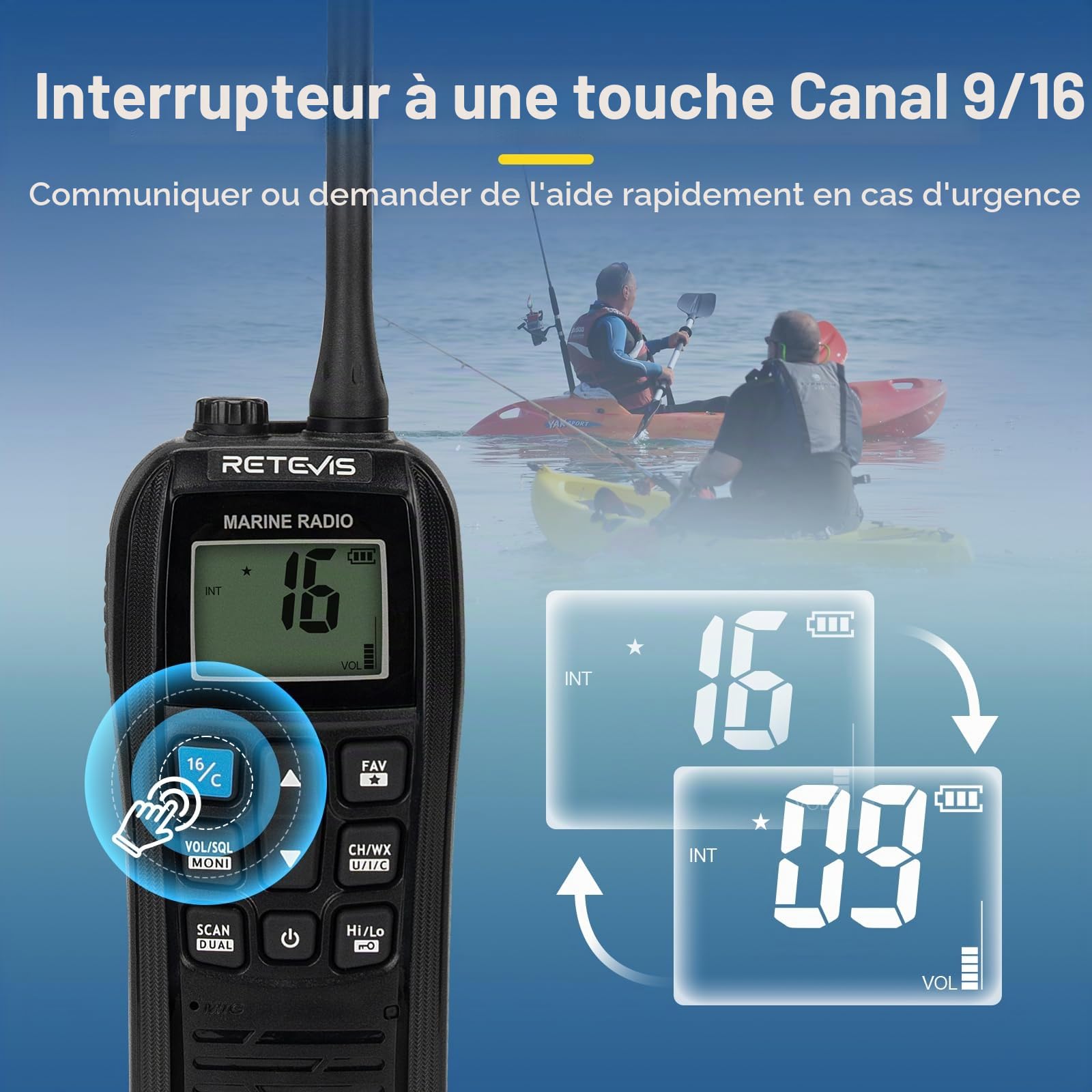Retevis RM22 VHF Radio Marine, Radio Bidirectionnelle Marin Longue Portée | IP67 étanche Talkie Walkie, Flottante, 2200 mAh, 88 Canaux, Audio 900 MW, Drainage des Vibrations (Noir, 1 Pièce)