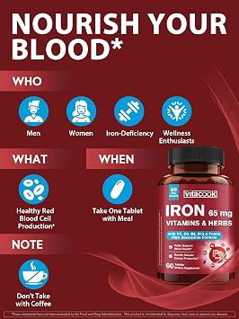 Iron Supplement 65mg, with Vitamin C, D3, B6, B12 & Folate, Spinach, Broccoli, Beet Root, Pumpkin Seeds, Dandelion & Carrots, Blood Building & Energy Support, 60 Tablets