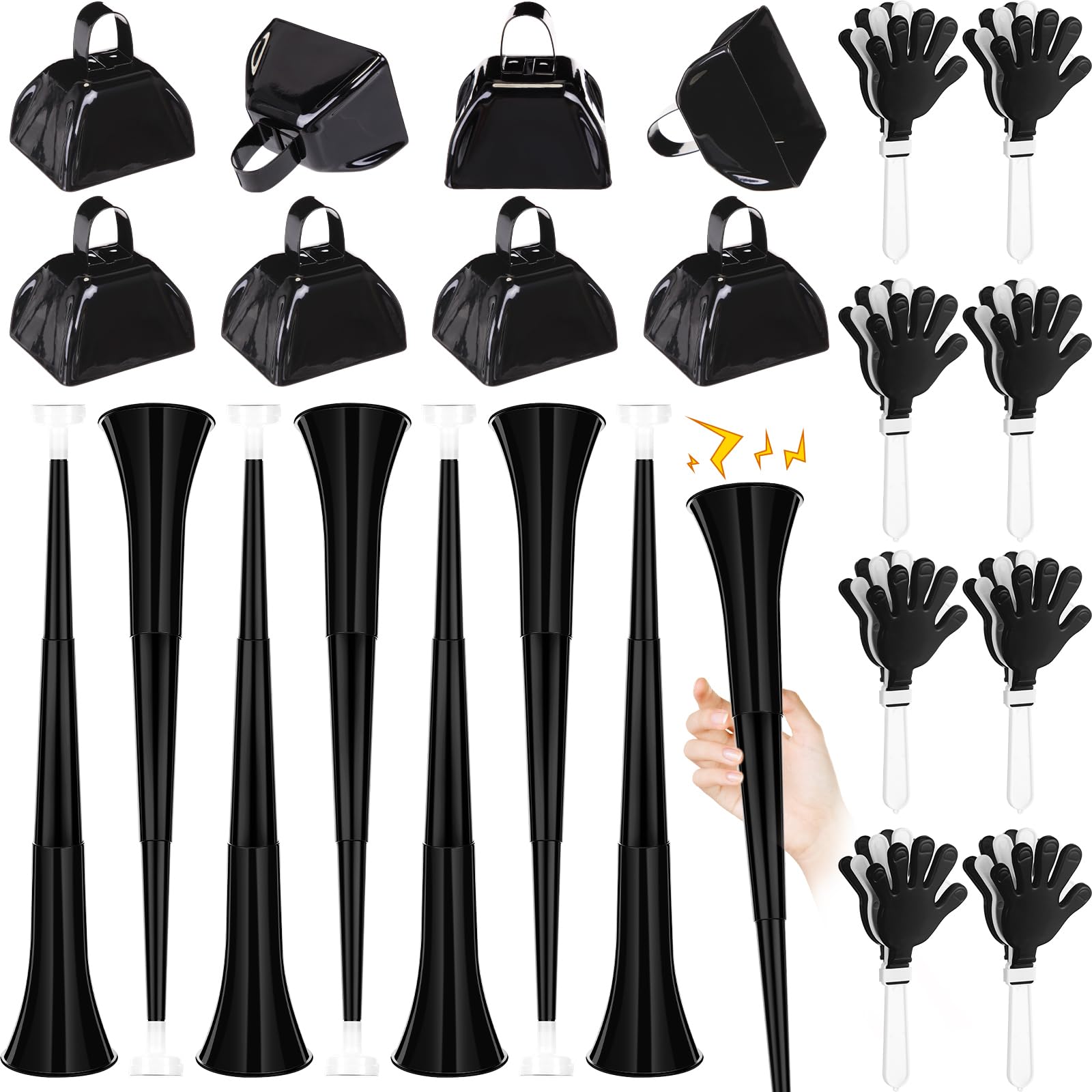 Photo 1 of ***MISSING PIECES SELLING AS IS *** Jenaai 2Pcs Cheer Team Gifts Bulk Collapsible Stadium Horn Hand Clappers Metal Cowbells Team Cheering Spirit Accessories Noisemakers 24" Vuvuzela Blow Horn for Soccer Match, Sporting Events(Black)