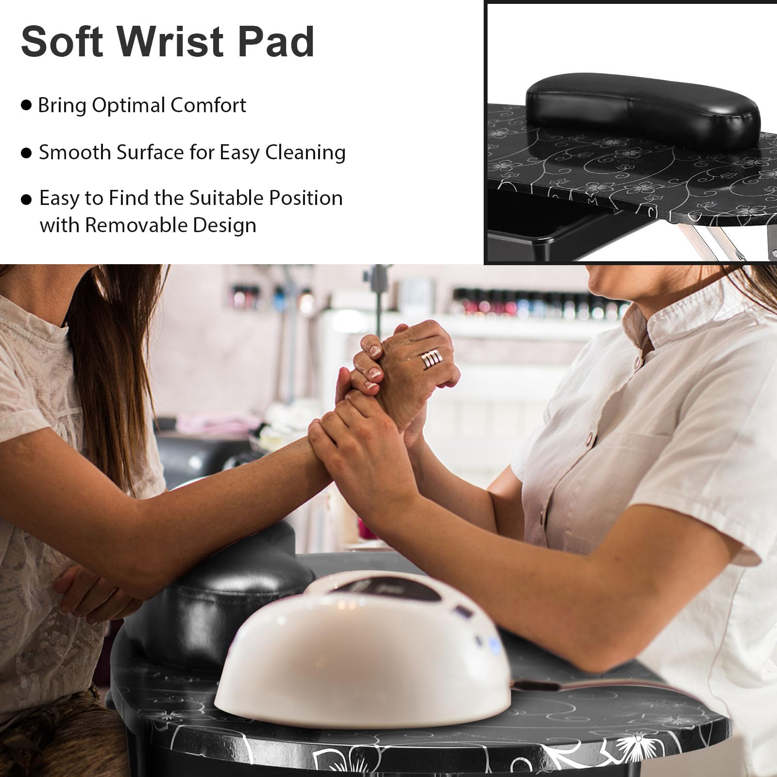 HOMASIS Klappbarer und abnehmbarer Maniküre-Tisch mit Handgelenkstütze und Schublade, Kosmetik-Schreibtisch mit Aufbewahrungstasche für Schönheitssalons, Zuhause, 90 x 37 x 69 cm, Schwarz