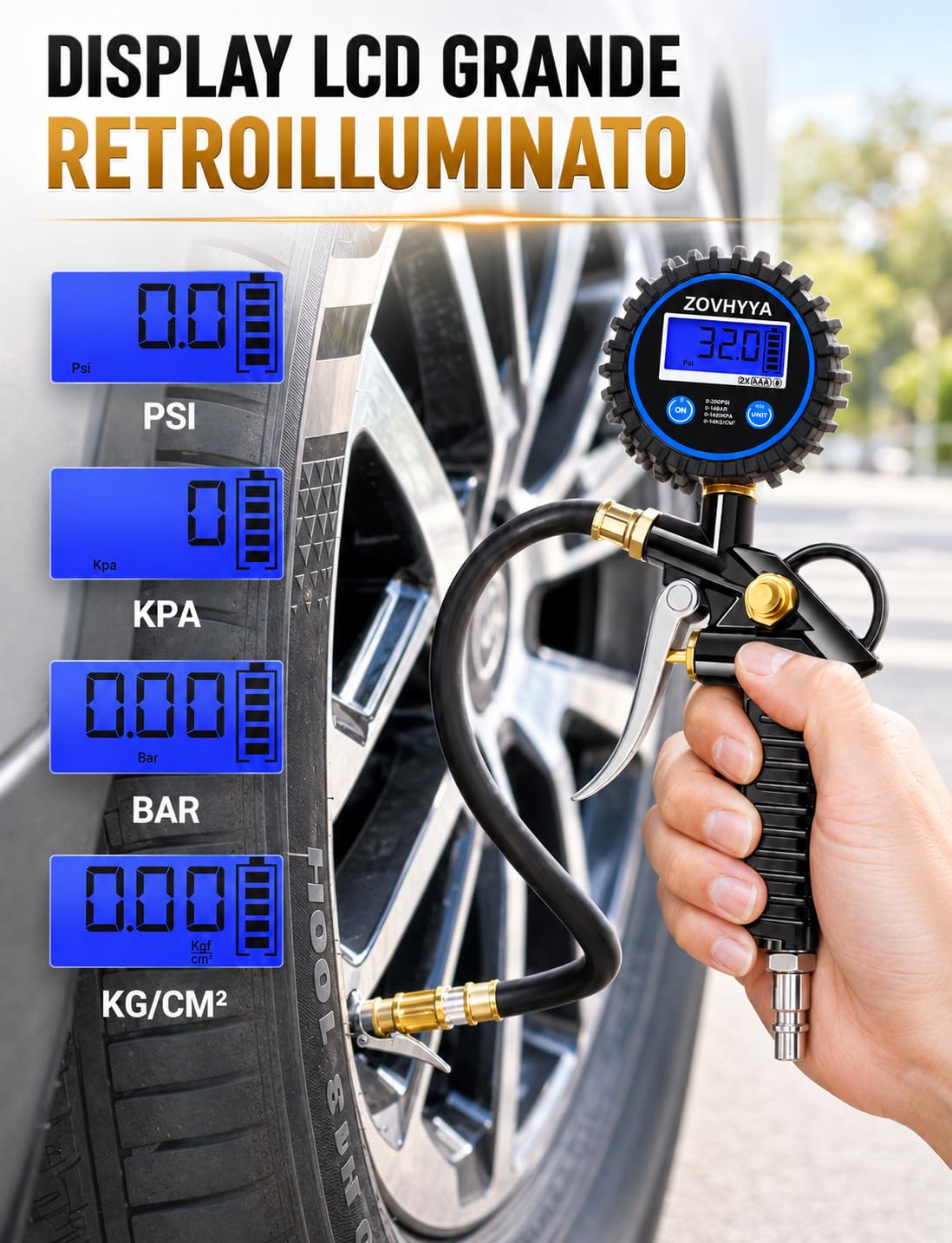 Manometro Pressione Gomme Professionale 220PSI Manometri per Pneumatici Pistola Gonfiaggio Pneumatici con 4 Tappi Valvola 2 Ugelli 1 Valvola Francese 1 Stelo di Prolunga in Metallo 90 Gradi