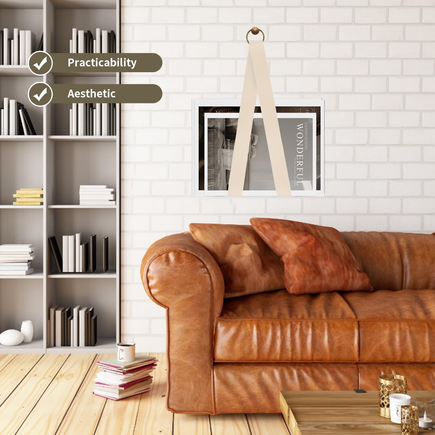 Revistero Archivador de Piel, Estante Colgante para Libros, Beige