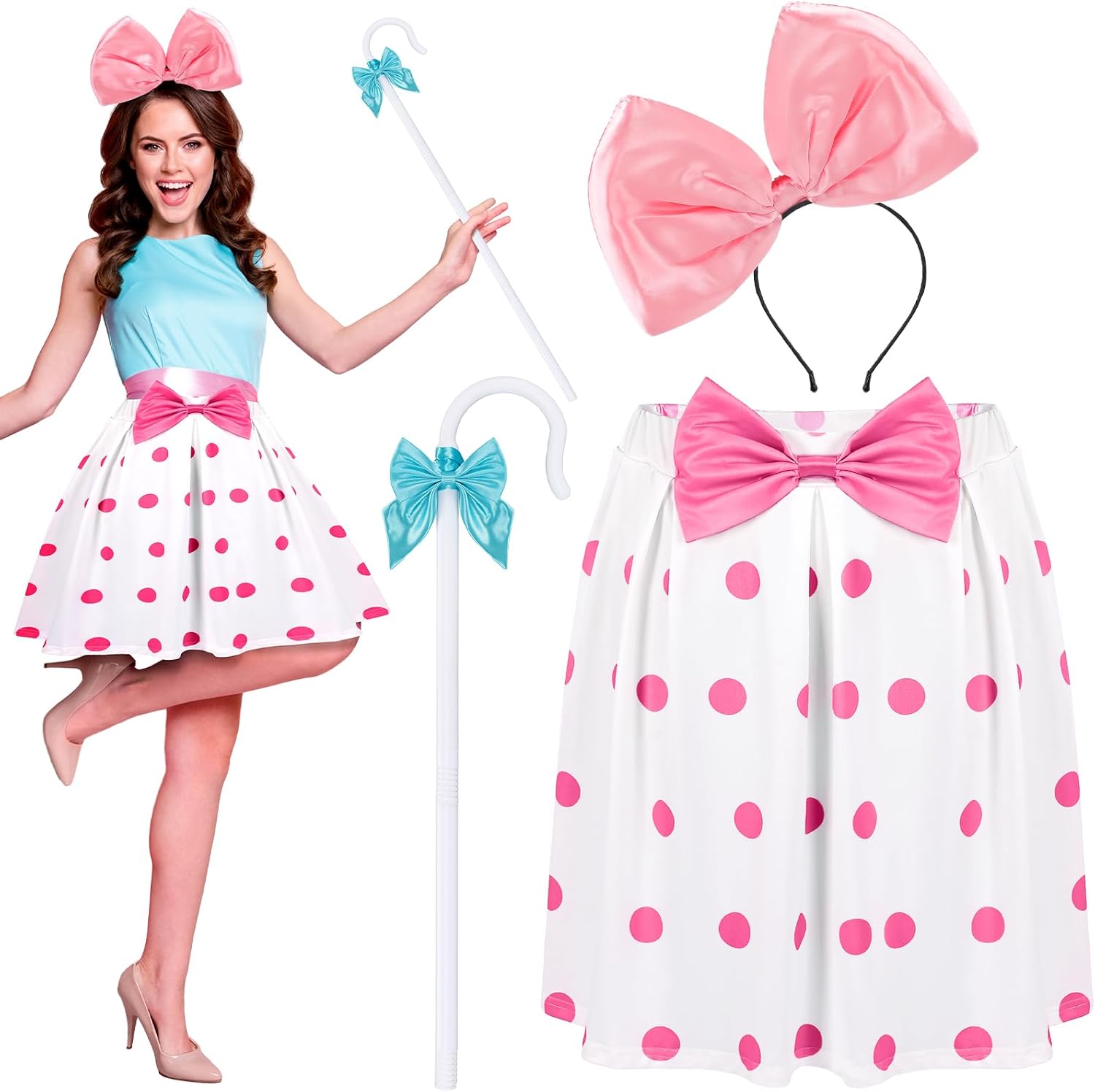 4 Pcs Shepherdess Costume Set for Women, Shepherdess Costume Pink Polka Dot Skirt Bow Cane Headband Suit Halloween Cosplay Outfit for Women