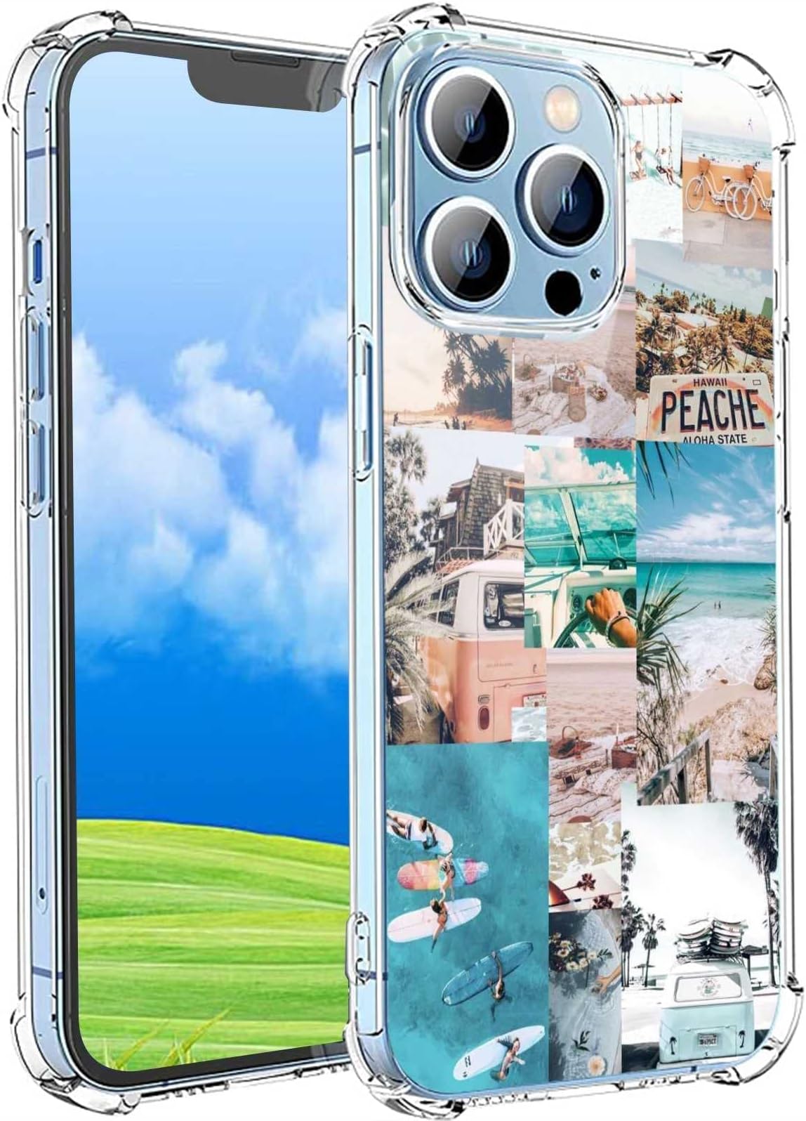EYSOO Designed for iPhone 14 Pro Collage Case, Vintage Chic Vibe Aesthetic Summer Beach Sea RetroStylish Graphic Case Girls Women, Soft TPU Clear Transparent