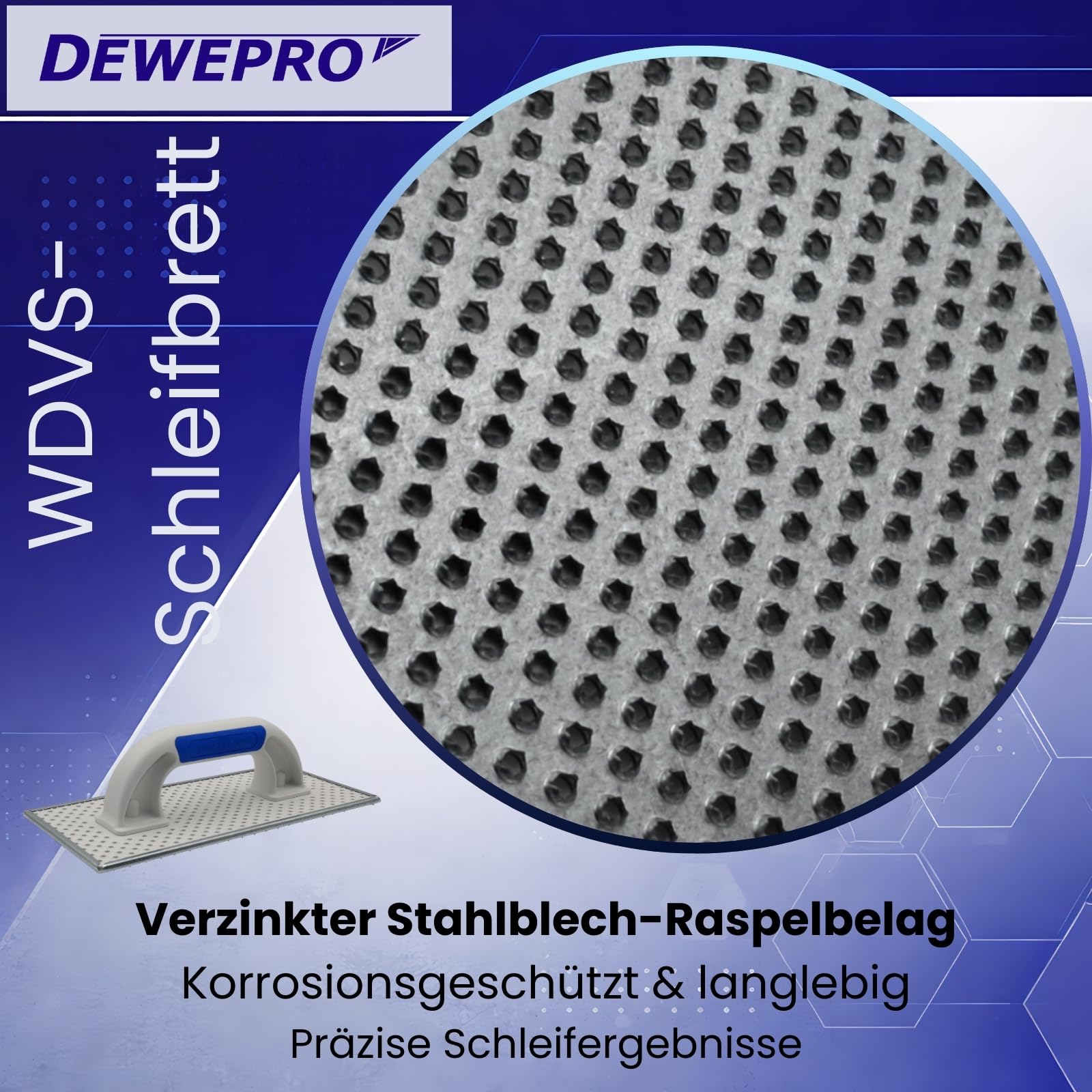 2er Set DEWEPRO® WDVS + Porenbeton Schleifbrett - Raspelbrett mit verzinktem Stahlblech-Raspelbelag - 380x160mm - Egalisierungsbrett - Handschleifer - WDVS-Schleifer