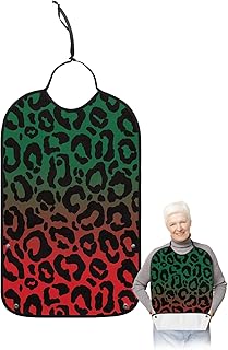 Funny Adult Bibs for Eating, Ombre Leopard Print Green to Red Gradient Waterproof Clothing Protector Washable Adult Bib with Crumb Catcher for Men Women Elderl and Seniors