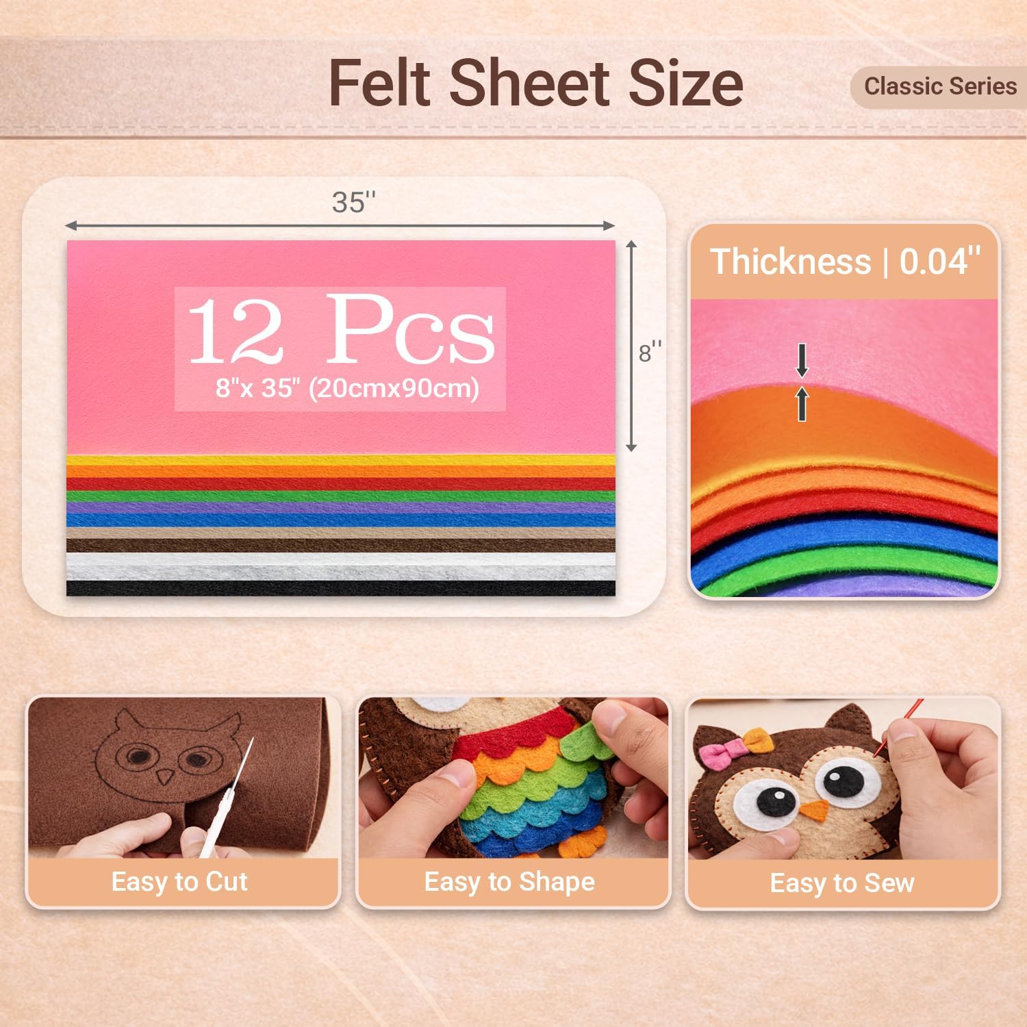 12 Rolls Large Stiff Felt Sheets 8"x35" Felt Fabric Bundle Pack Rainbow with 12 Assorted Colors Craft Sewing Squares Nonwoven for DIY Crafts and Patchwork (Classic)