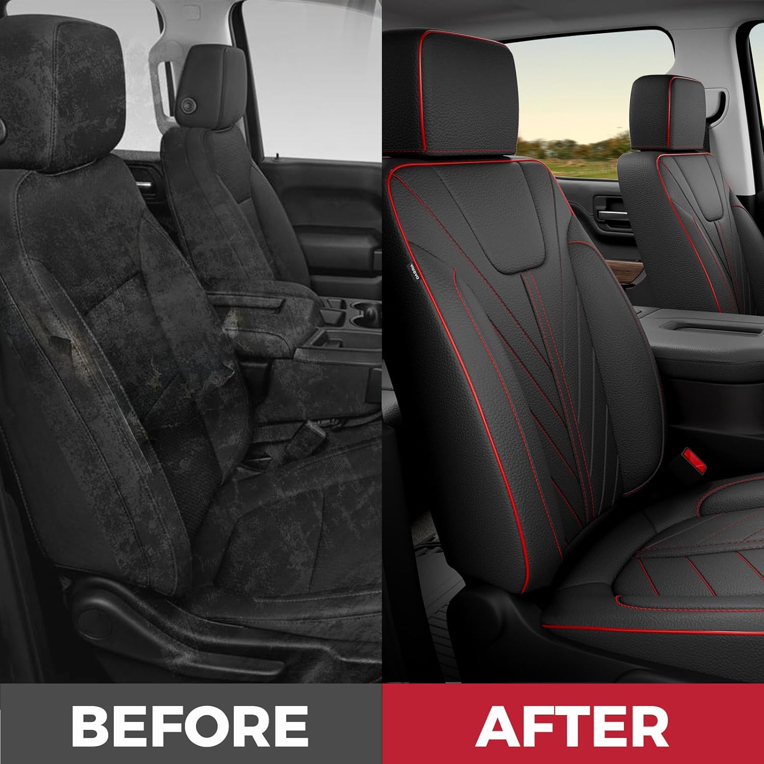FREESOO for Silverado Seat Covers Breathable Leather Full Set, Fit for Chevy Silverado 2019 2020 2021 2022 2023 2024 2025 2026 GMC Sierra 1500 Crew Cab Waterproof Truck Seat Covers-BlackRed