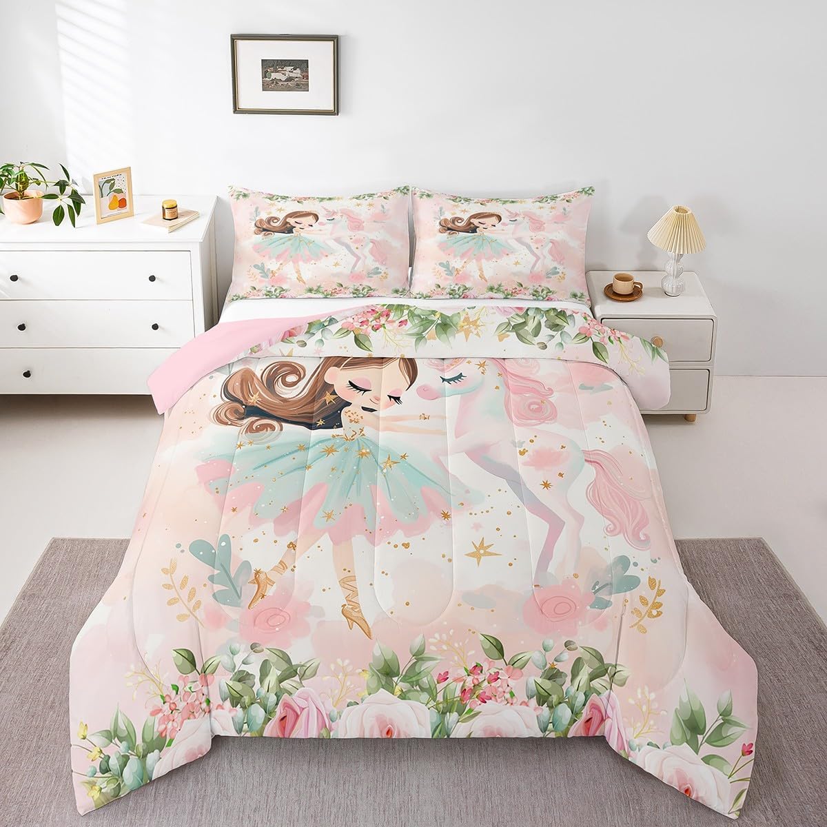 Manfei Princess Comforter Set Full Size, Kawaii Ballerina Girl and Unicorn Bedding Set for Kids, Watercolor Flower Print Down Comforter, Lightweight Duvet Insert, 2 Pillowcases