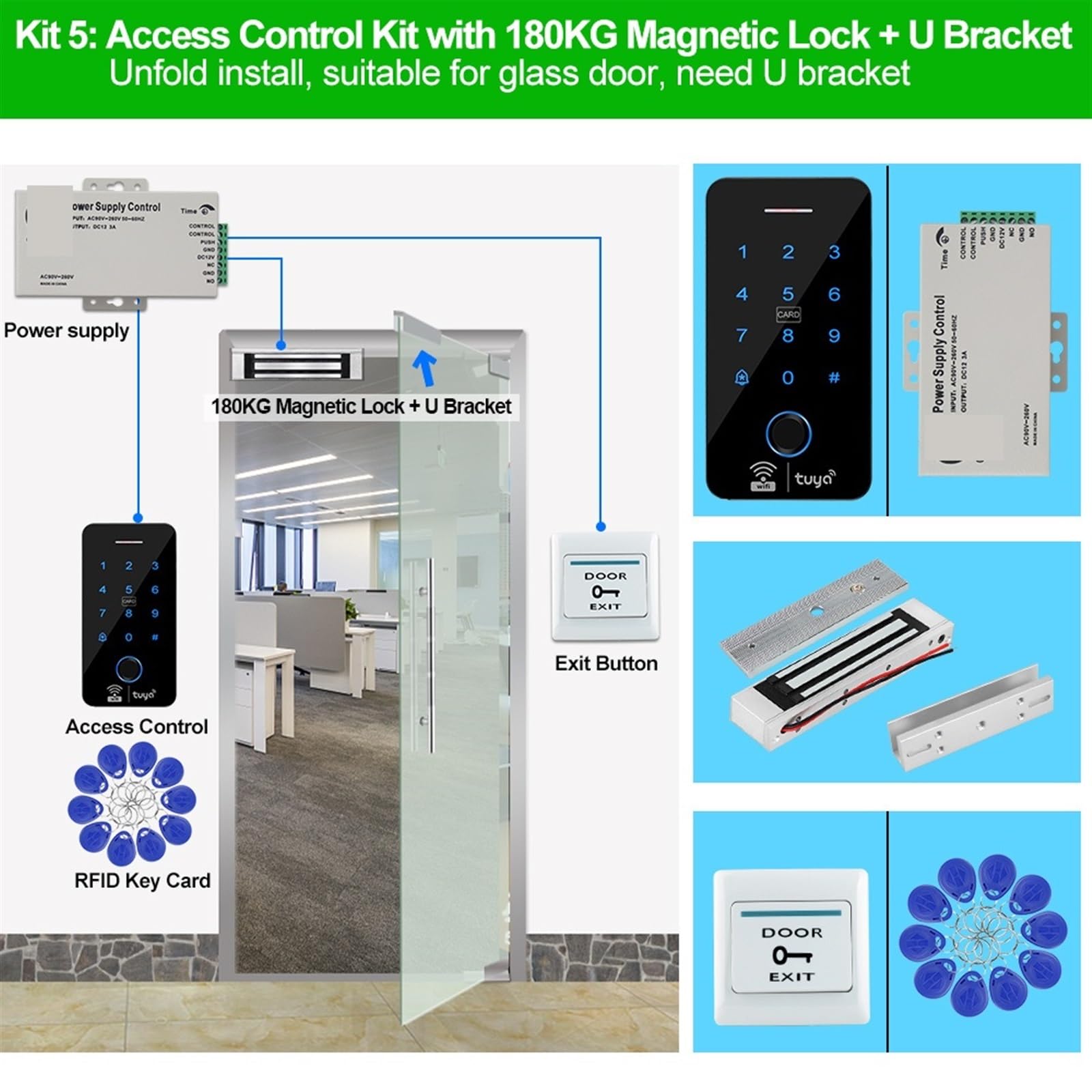 Kits de de Control de Acceso al Aire Libre, WiFi, Bluetooth, aplicación Tuya, RFID, Resistente al Agua, Teclado de Huella Digital, Cerradura magnética eléctrica for Puerta(Kit5 (180KG U Lock))