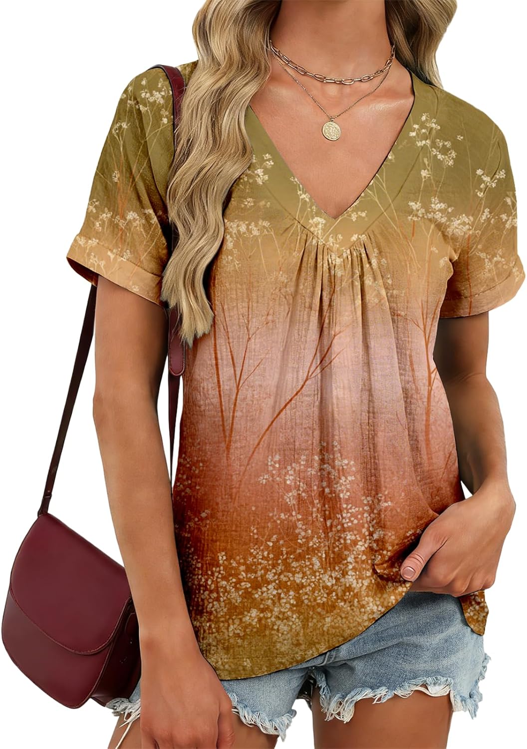 Japanese Print Blouse Women V Neck Short Sleeve Lightweight Breathable Summer Casua...