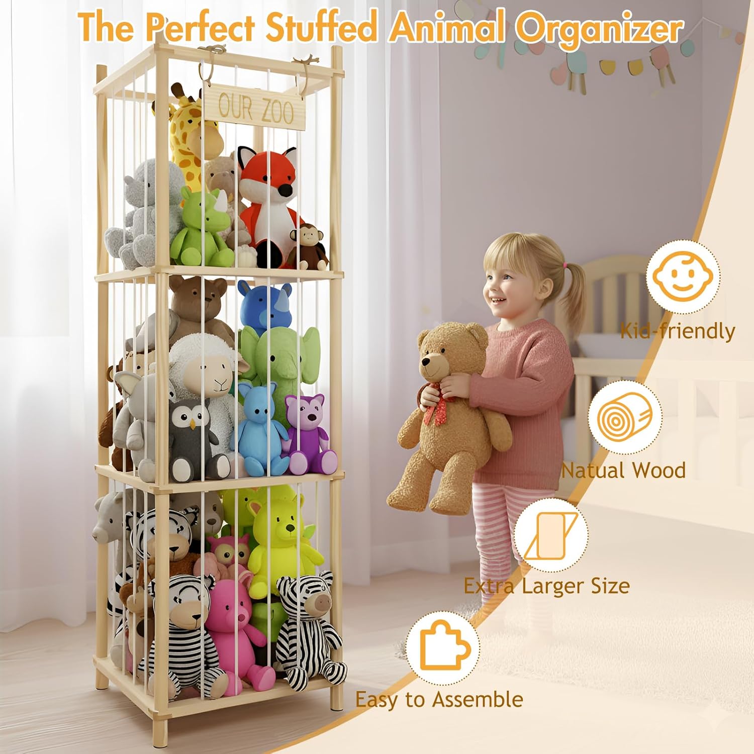 54" Tall Wooden Stuffed Animal Storage Organizer with Anti-Tip Wall Bracket, Plushies Storage Holder with Elastic Bands, Stuffed Animals Organizer and Display Rack for Kids Room, Bedroom, Playroom