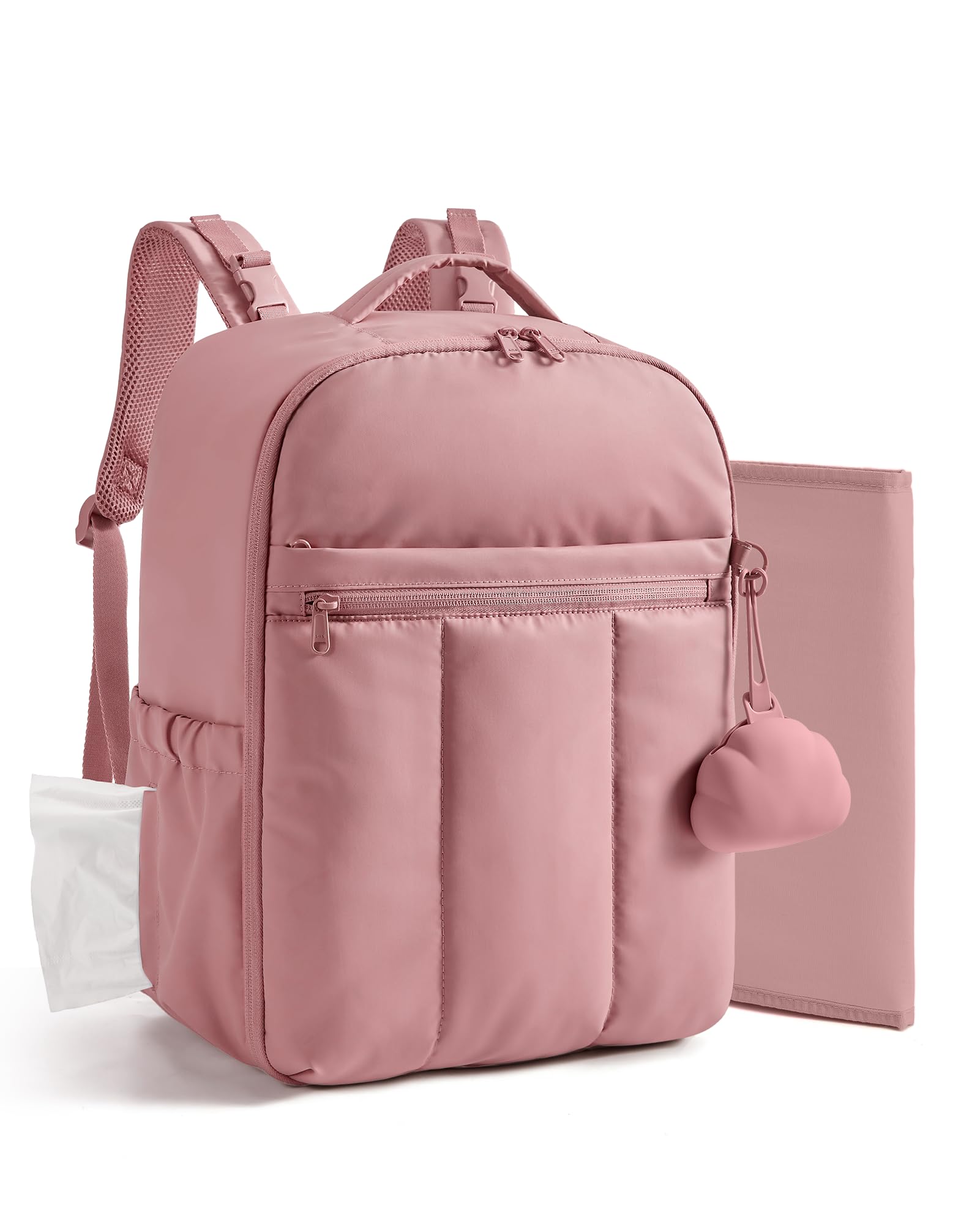 BAGSMART Baby Diaper Bag Backpack, Lightweight Puffy Diaper Bag with Insulated Pockets& Pacifier Case, Travel Stroller Straps with Waterproof Changing Pad, Dark Pink