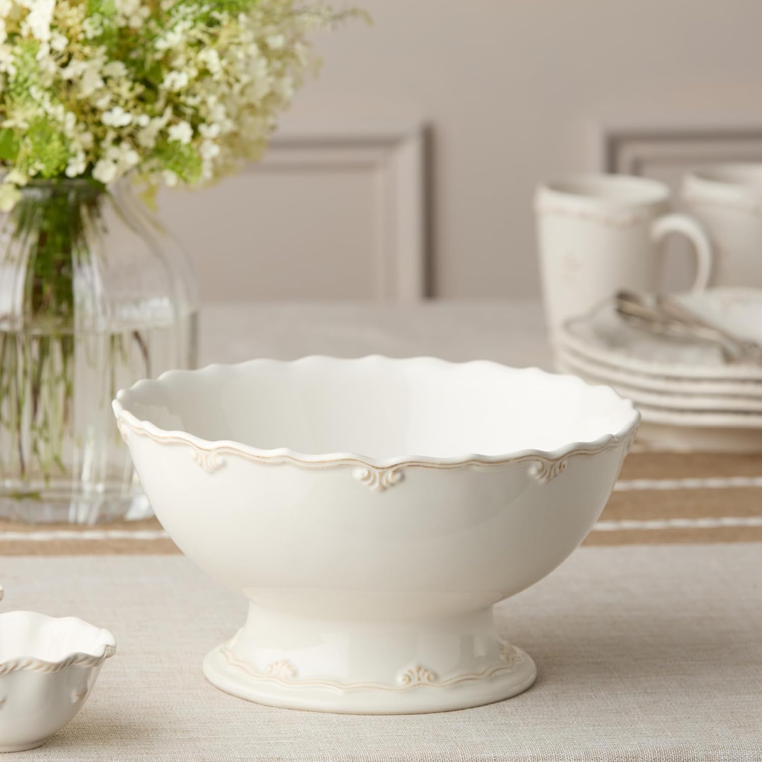 Heritage Scroll Footed Deep Bowl – 80 oz Stoneware Serving Bowl with Pedestal Base & Sculpted Ivory Scroll Rim – Elegant 10.75" x 5.5" Deep Bowl for Salads, Fruit & Entertaining
