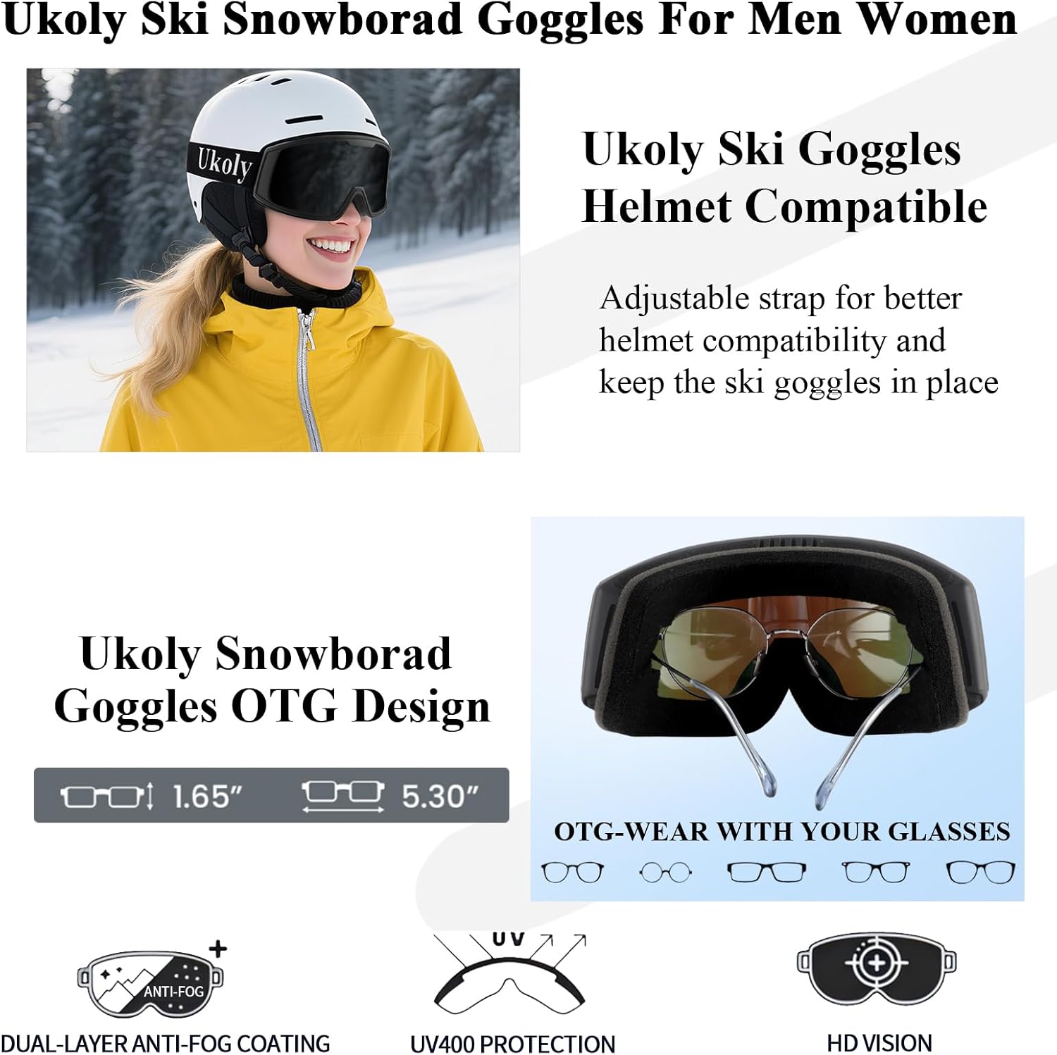 Ukoly Ski/Snowboard Goggles for Men Women, Snow Goggles HD Lens Anti-Fog Coating OTG Design UV400 Protection Windproof